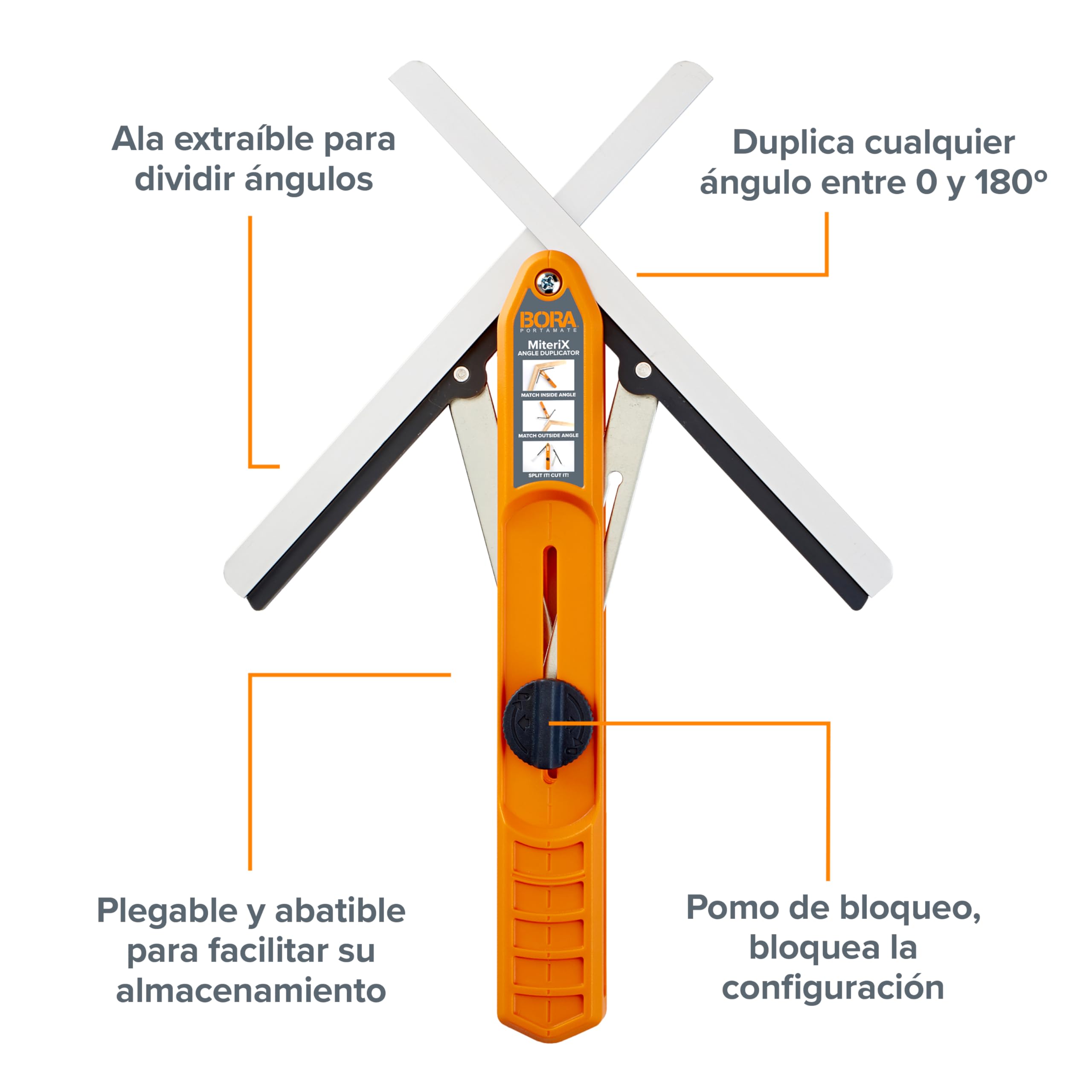 BORA MiteriX – Medidor de Ángulos para Cortes de Inglete Precisos, Herramienta de Duplicación de Ángulos Interior y Exterior, Aluminio, para Carpintería y Bricolaje