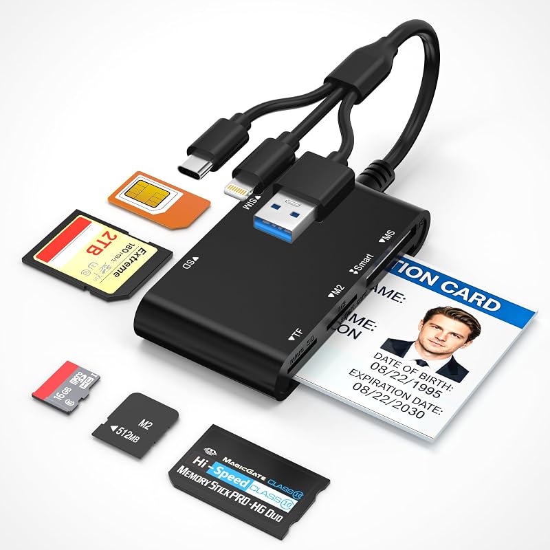 Lector de tarjetas CAC militar y PIV gubernamental con USB-C/USB-A/Lightning - Lector de identidad CAC/PIV 7 en 1, lector de tarjetas SIM, adaptador SD/TF/Memory Stick Pro Duo/M2/MMC, para iPhone Android Mac iPad Laptop PC