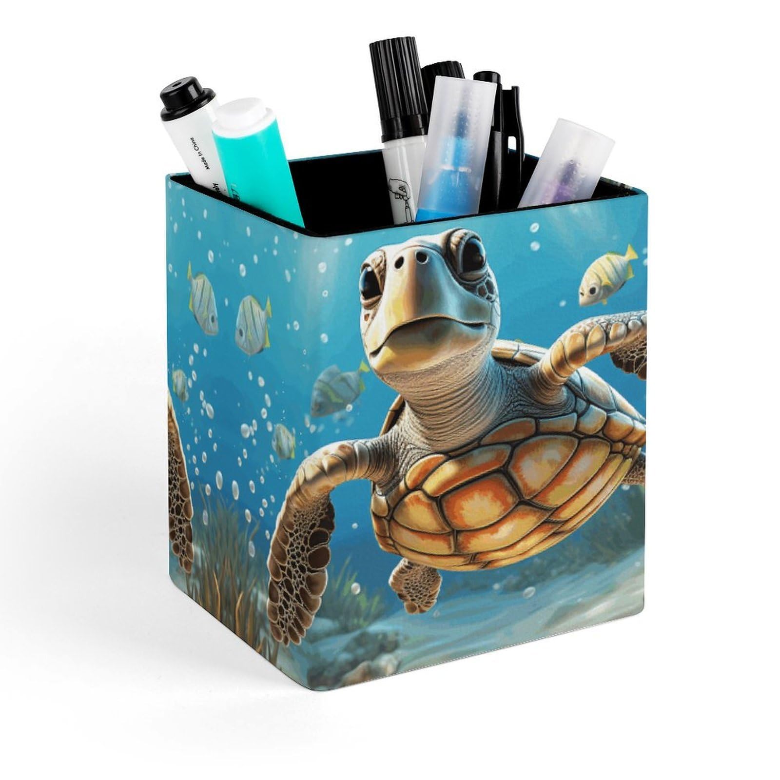 FekiLoot Cartoon Sea Turtle Pencil Holder Square Leather Pen Holder Cup Modern Multi-Functional Pencil Cup Holder Decorative Desk Organizer Caddy Makeup Brush Holders for Desk Office
