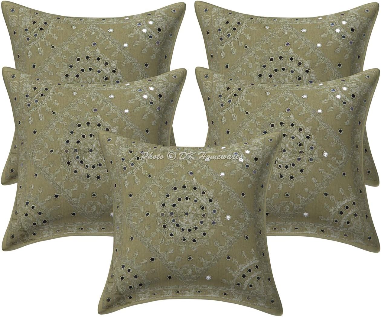 Bohemian Decorative Toss Throw Pillowcases 16x16 Inch Cotton Embroidered Mirrored Indian Square Accent Cushion Covers (Size - 40x40 cm ; Color: Light Green) - Set of 5 Pcs (Cover Only)