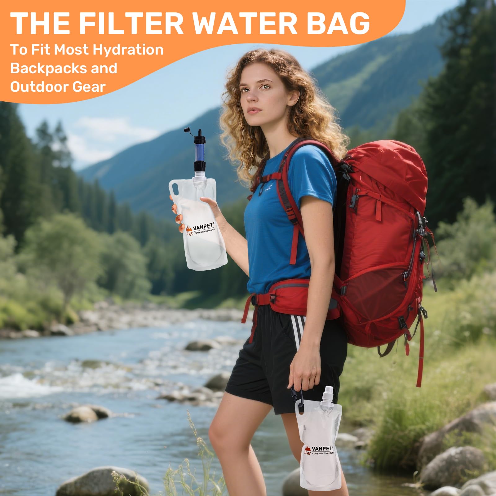 VANPET Faltbare Wasserflaschen, 1 l, BPA-frei, faltbar, für Reisen, Camping, Wandern, 4 Stück