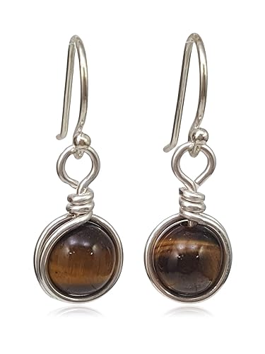 Sterling Silver Tiger Eye Drop Earrings, Handmade Natural Gemstone Dangle Jewelry