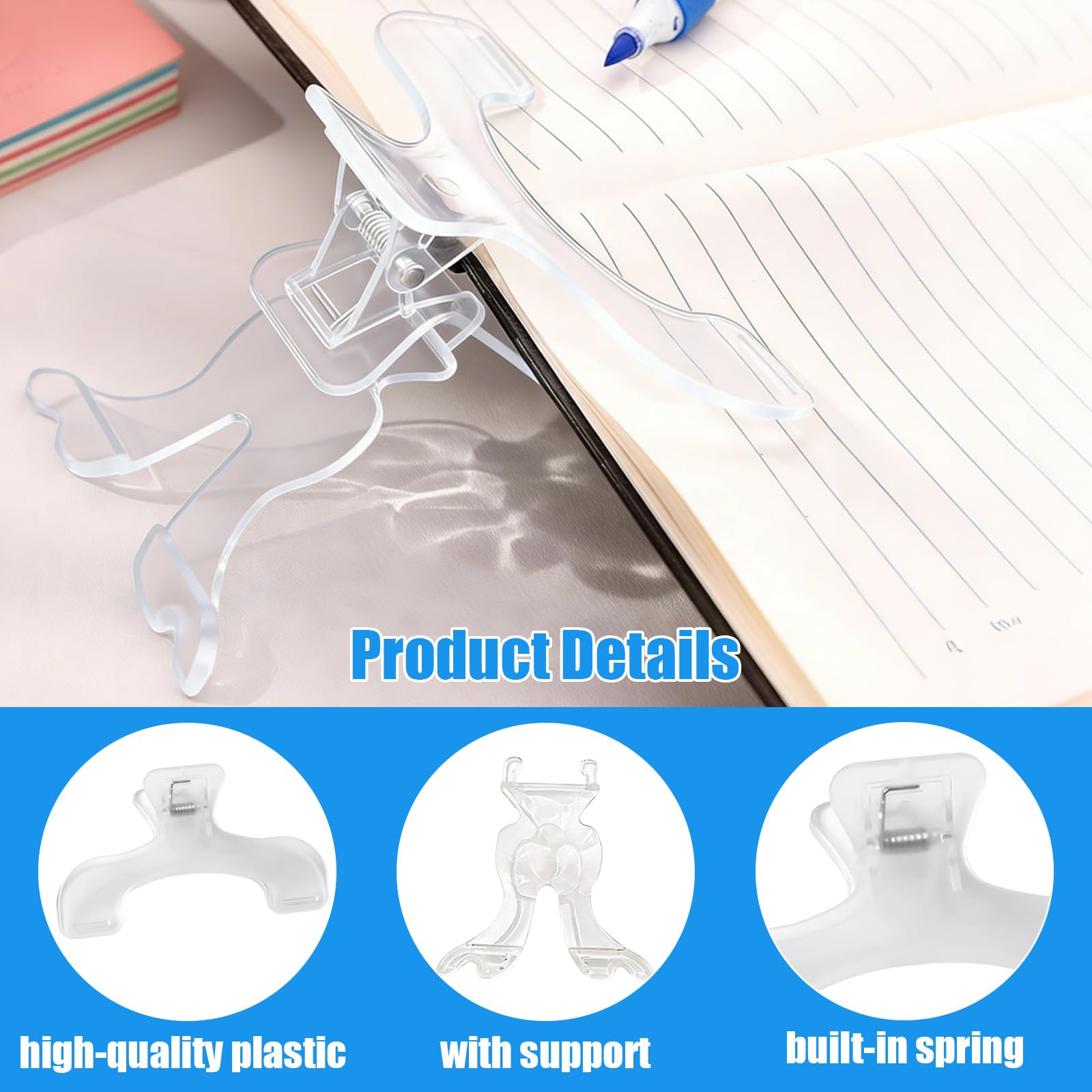 Clip de Libro Transparente 2 Piezas, sujetapáginas U de plástico Resistente con Soporte, Accesorio Lectura Manos Libres para Libros, revistas y Recetas, Ideal para Estudio, Cocina y Oficina