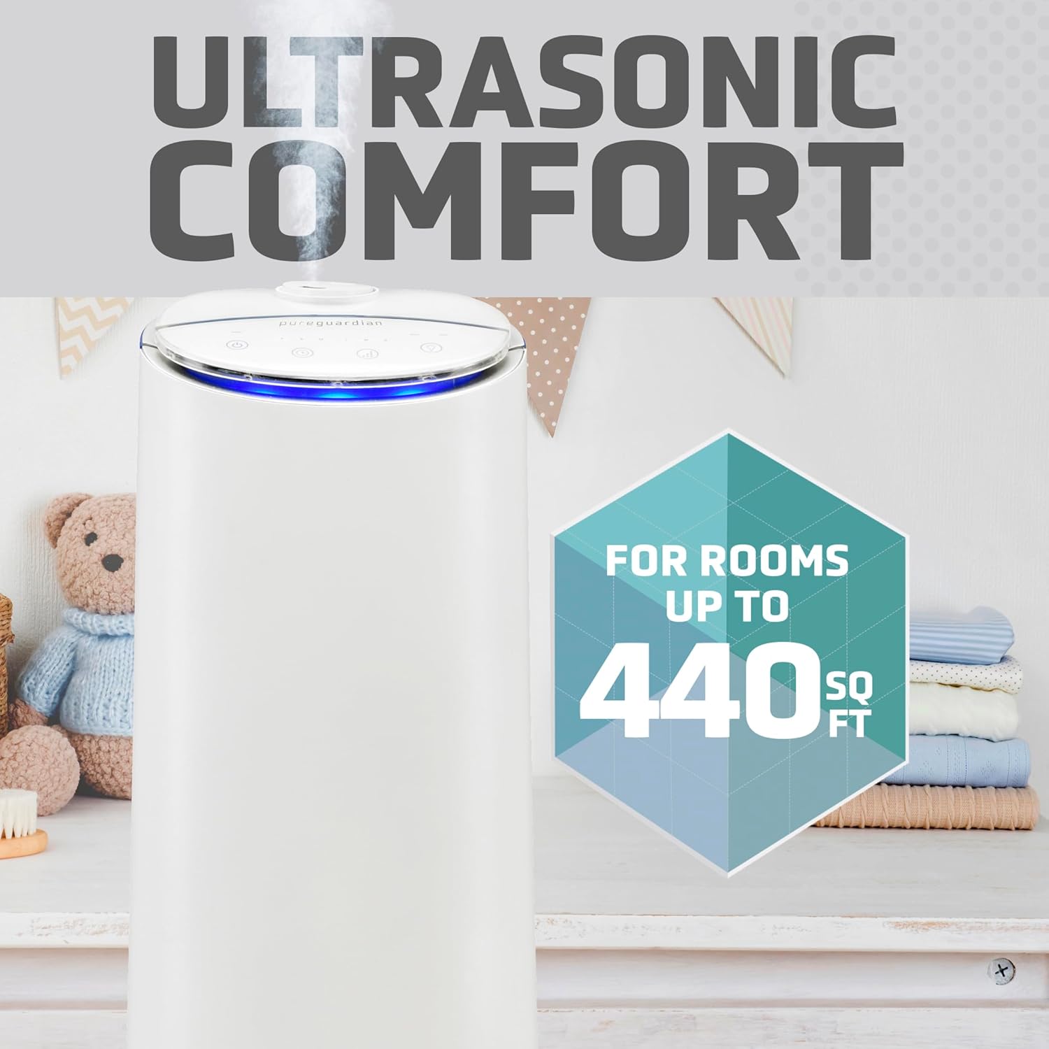 PureGuardian Ultrasonic Cool Mist Humidifier, 100 Hrs. Run Time, 1.5 Gallon Tank, 440 Sq. Ft. Coverage, Medium Rooms, Quiet, Filter Free, Essential Oil Tray, White, H3200WAR