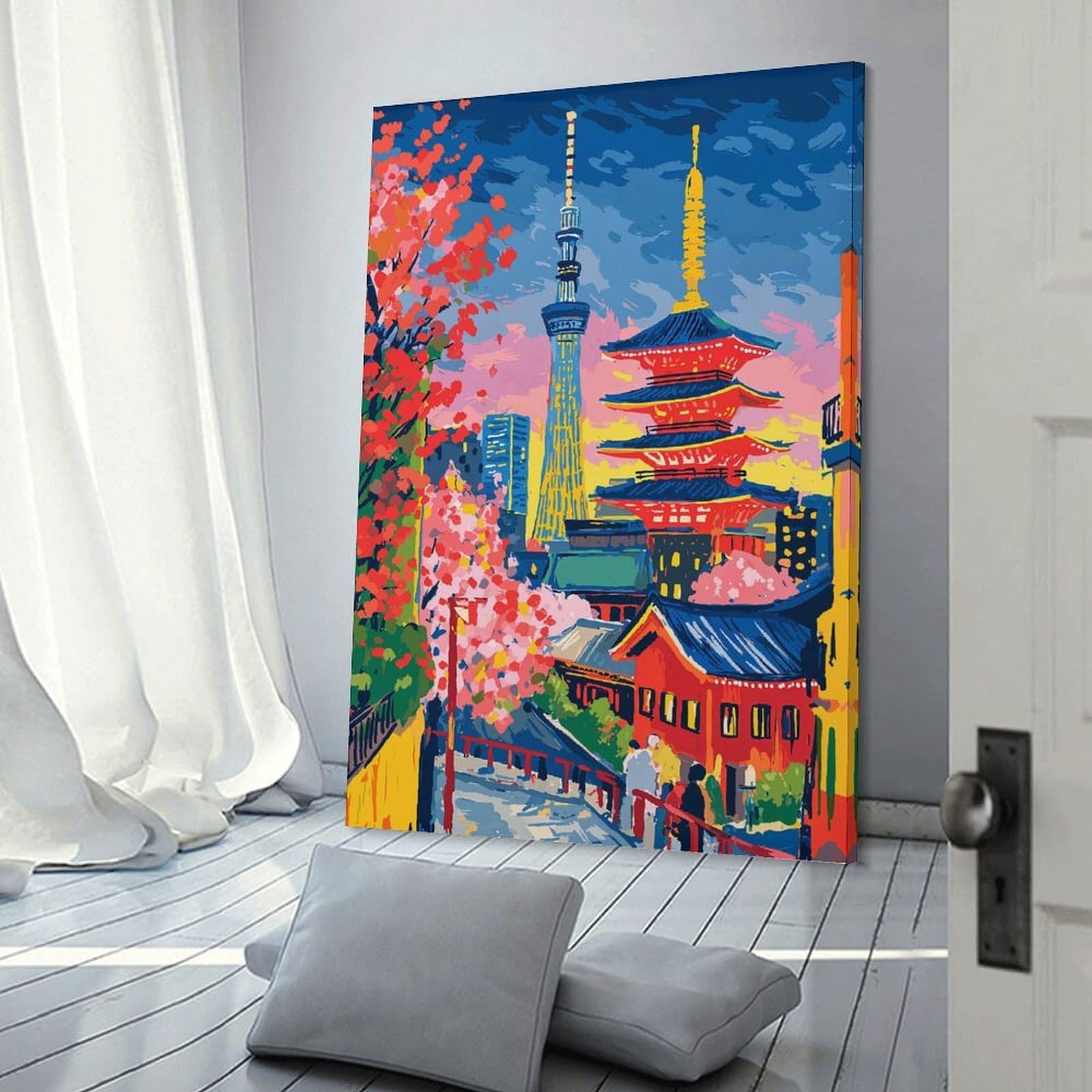 Junmoney Frame-Style-19 Wall Picture Print Tokyo Cityscape With Tower And Pagoda, 20X30inch(50X75cm), For Entrance Walls, Hall Decor Or Foyers, Home Artwork For First Impressions