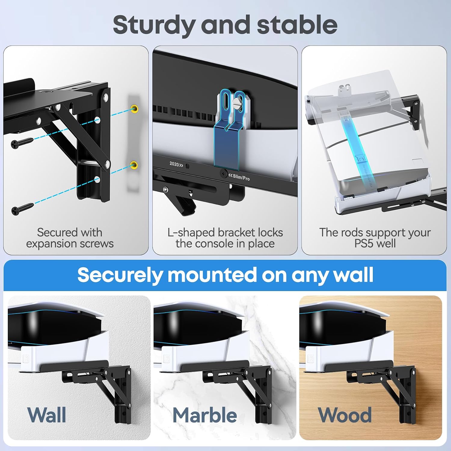 PS5/Slim/Pro Horizontal Wall Mount Kit, Stable PS5 Holder with Detechable Side Stand for Disc & Digital Console, Wall Shelf with Upgraded Support Rods & Scalable Design