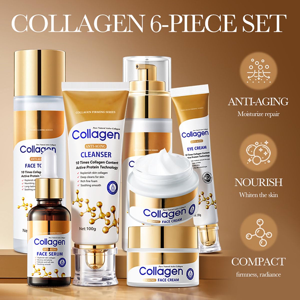6-piece collagen skincare set, anti-aging skincare gift set including cleanser, toner, lotion, serum, cream, and eye cream. Used to improve fine lines, shrink pores, moisturize and tighten skin
