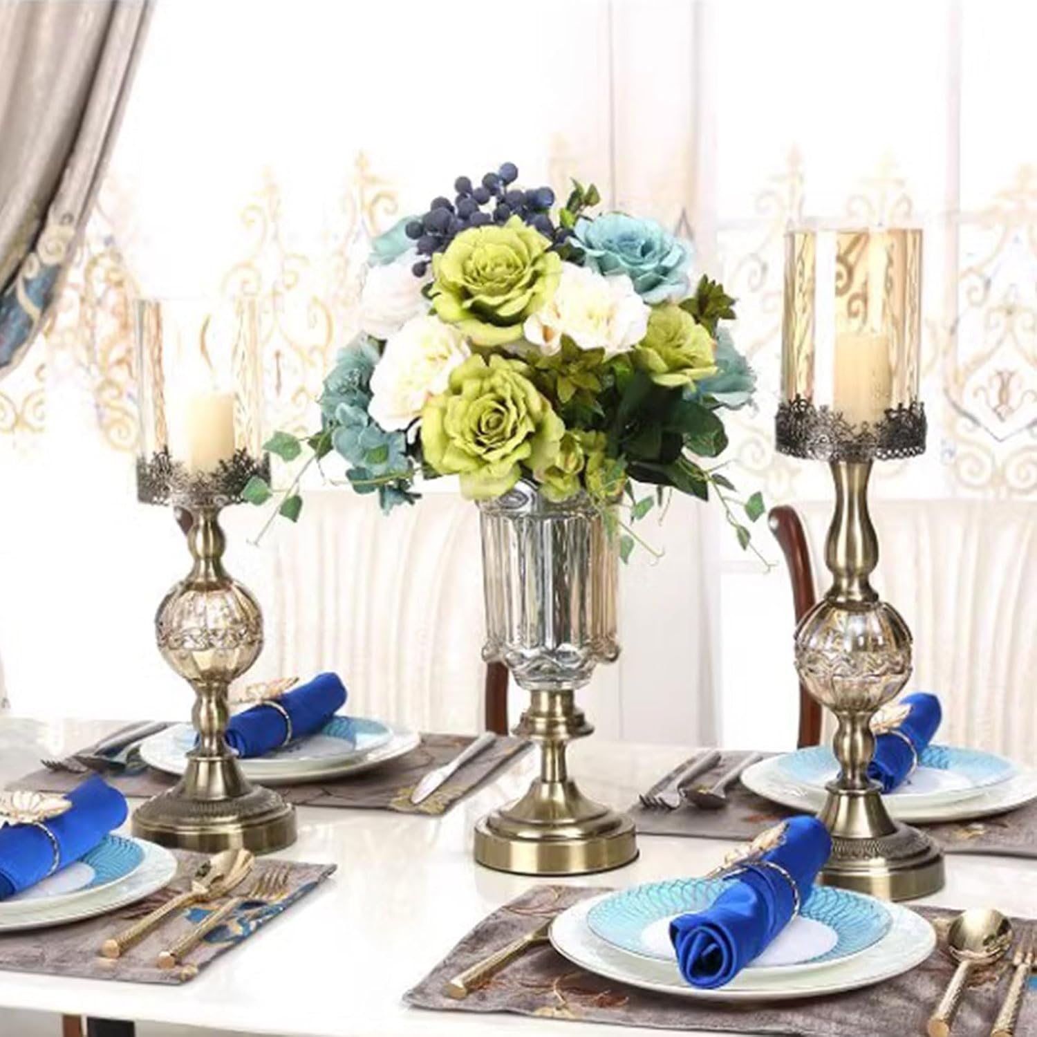 Bronze Metal Candelabra Clear Glass Hurricane Candle Holder Modern Candle Stand Decorative Candle Holders for Mantel Christmas Wedding Home Decor,16.9“ Tall