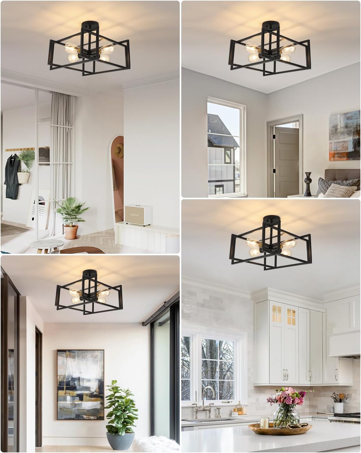 WILON Black Ceiling Light Fixture, Modern Square Semi Flush Chandelier Ceiling Lamp for Kitchen Dining Room Bedroom Laundry Room Living Room (4 Lights)