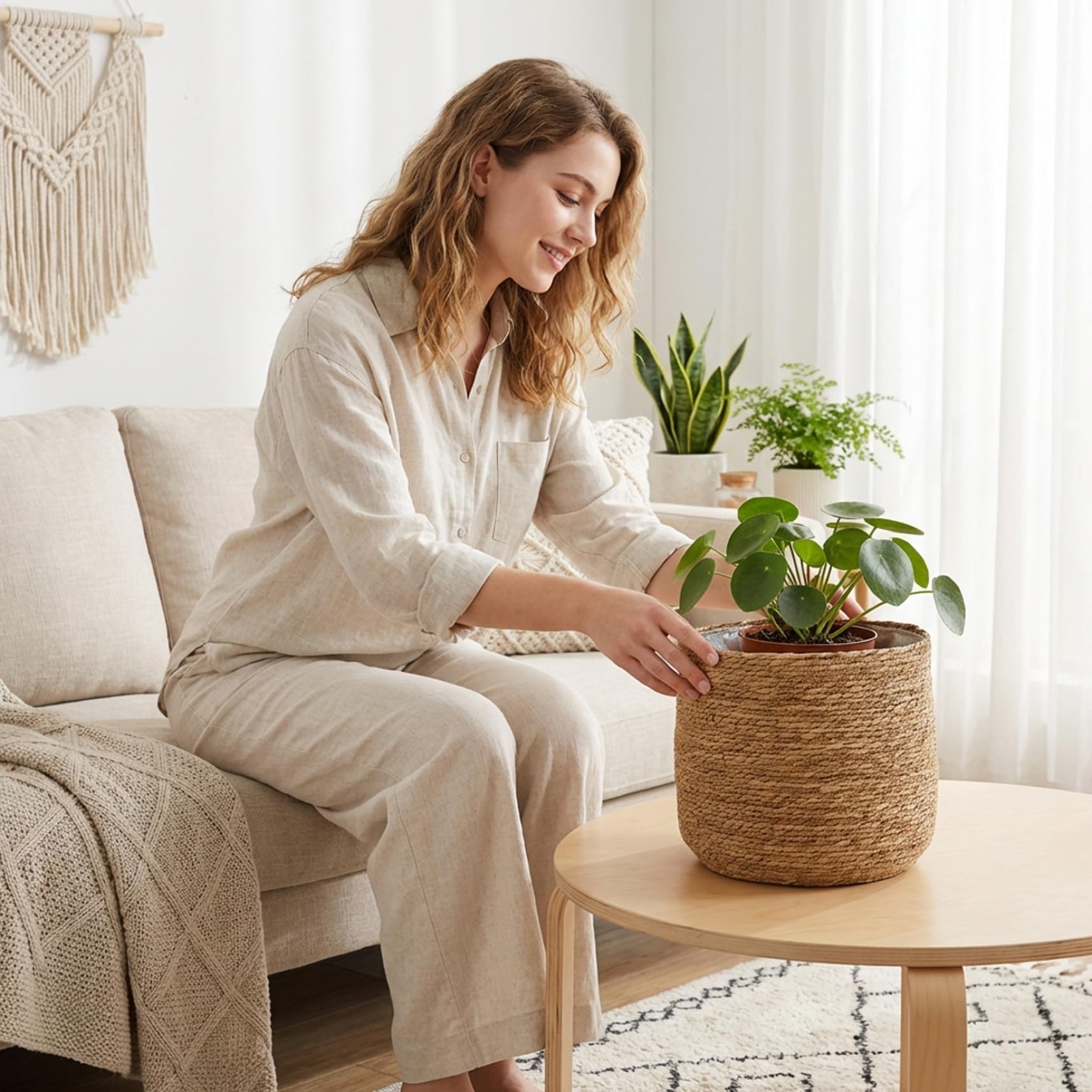 Panier de jardinière en rotin, jardinière en Osier tissé de 12 Pouces avec Doublure en Plastique, bac Rangement Polyvalent pour Plantes d'intérieur, Organisation la Maison