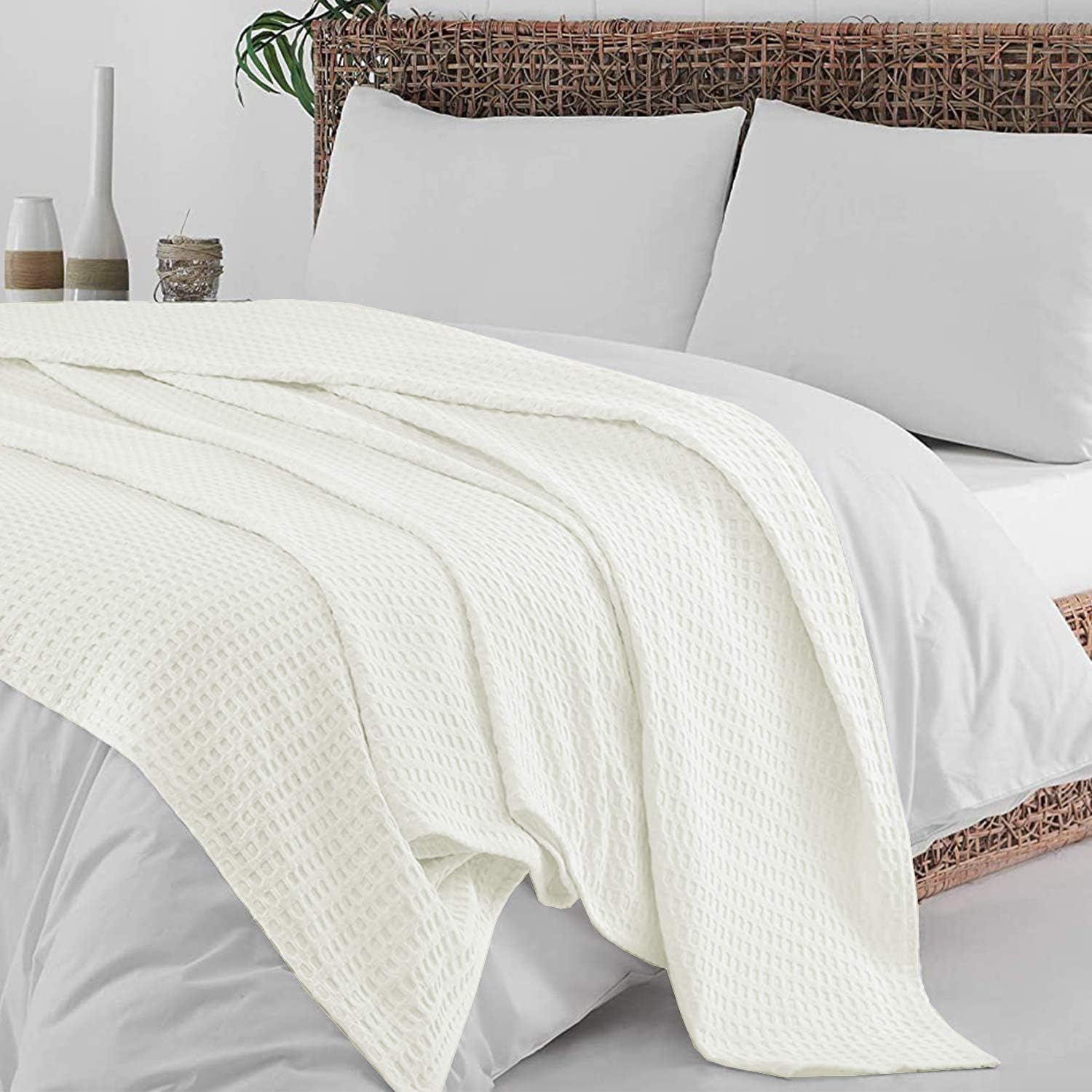 Woven Cotton Blankets King/California King Size Super Soft Breathable, 100% Cotton Throw Blanket and Quilt for Bed and Sofa, Off White : Home & Kitchen