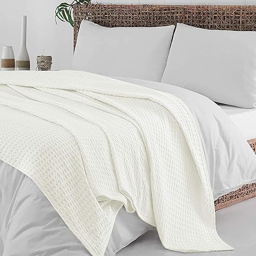 Miniatura 2 de Mantas 100% algodón tamaño Queen para cama  Marfil 405GSM tejido de gofre, suave y ligera, térmica, tamaño Queen, 90 x 90 pulgadas