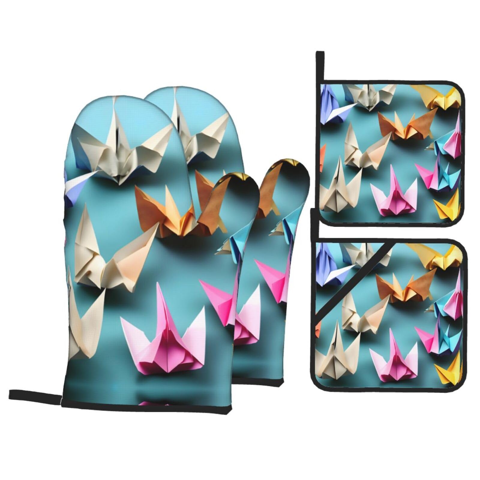 origami paper crane Print Stylish 4-Piece Microwaving Oven Waterproof Kitchen Gloves Baking Holiday Cooking