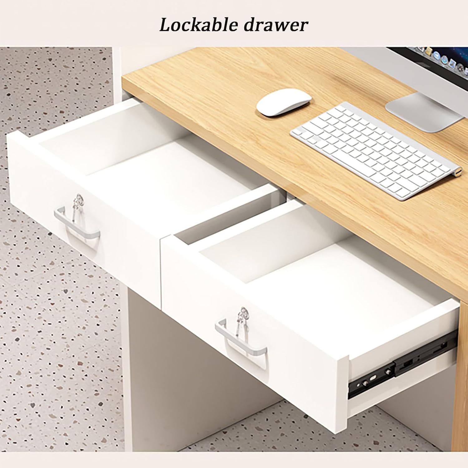 Reception Desk, Front Desk Counter with Lockable Drawer, Reception Desk with Counter, Small Reception Counter Desk with LED Light Strip, for Office Salon(Beige,100x45x100cm)