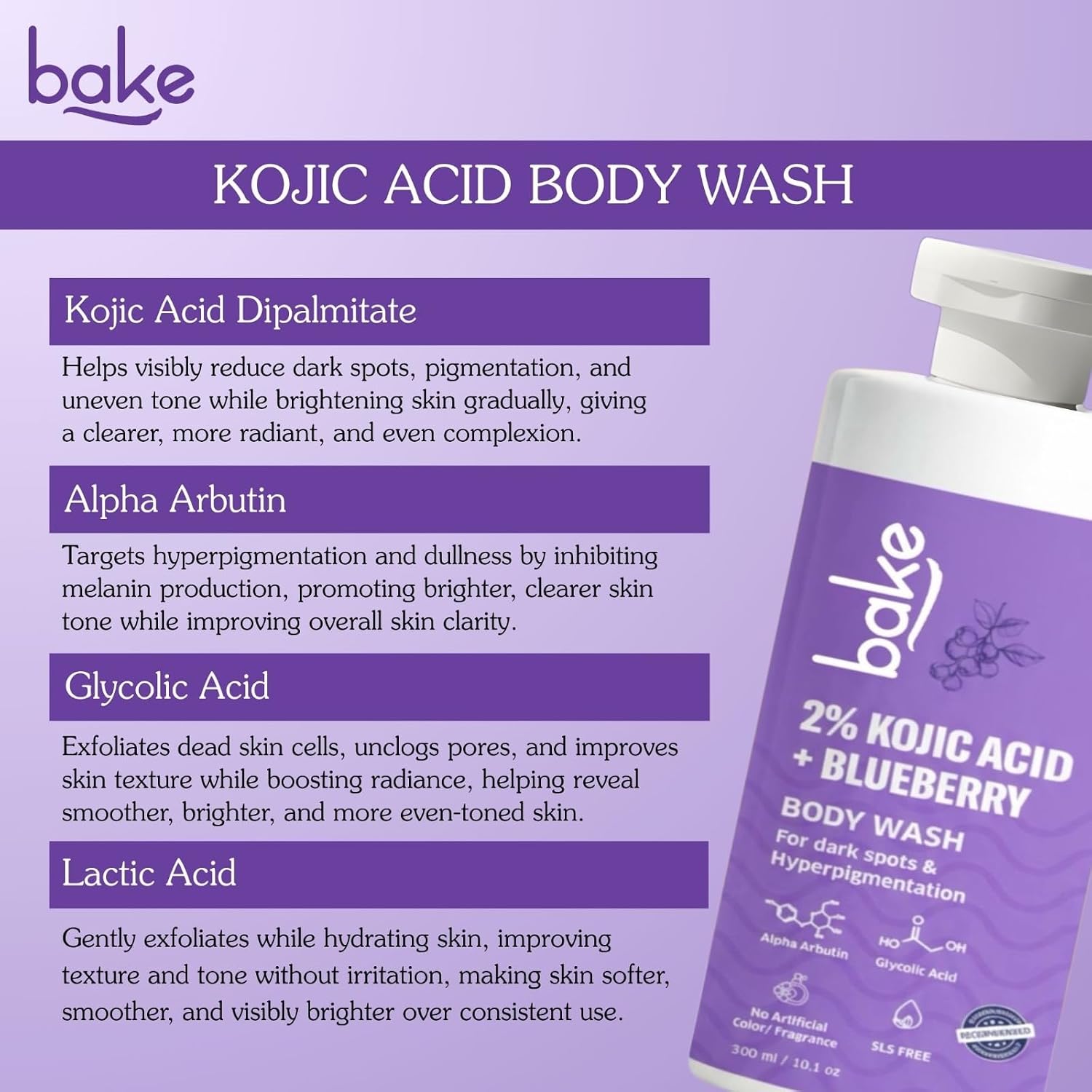BAKE 2% Kojic Acid Body Wash for Pigmentation & Tan Removal with Glycolic Acid & Alpha Arbutin | For Dark Knees & Elbows | Dark Spots & Sun Damage | 250ml image 3