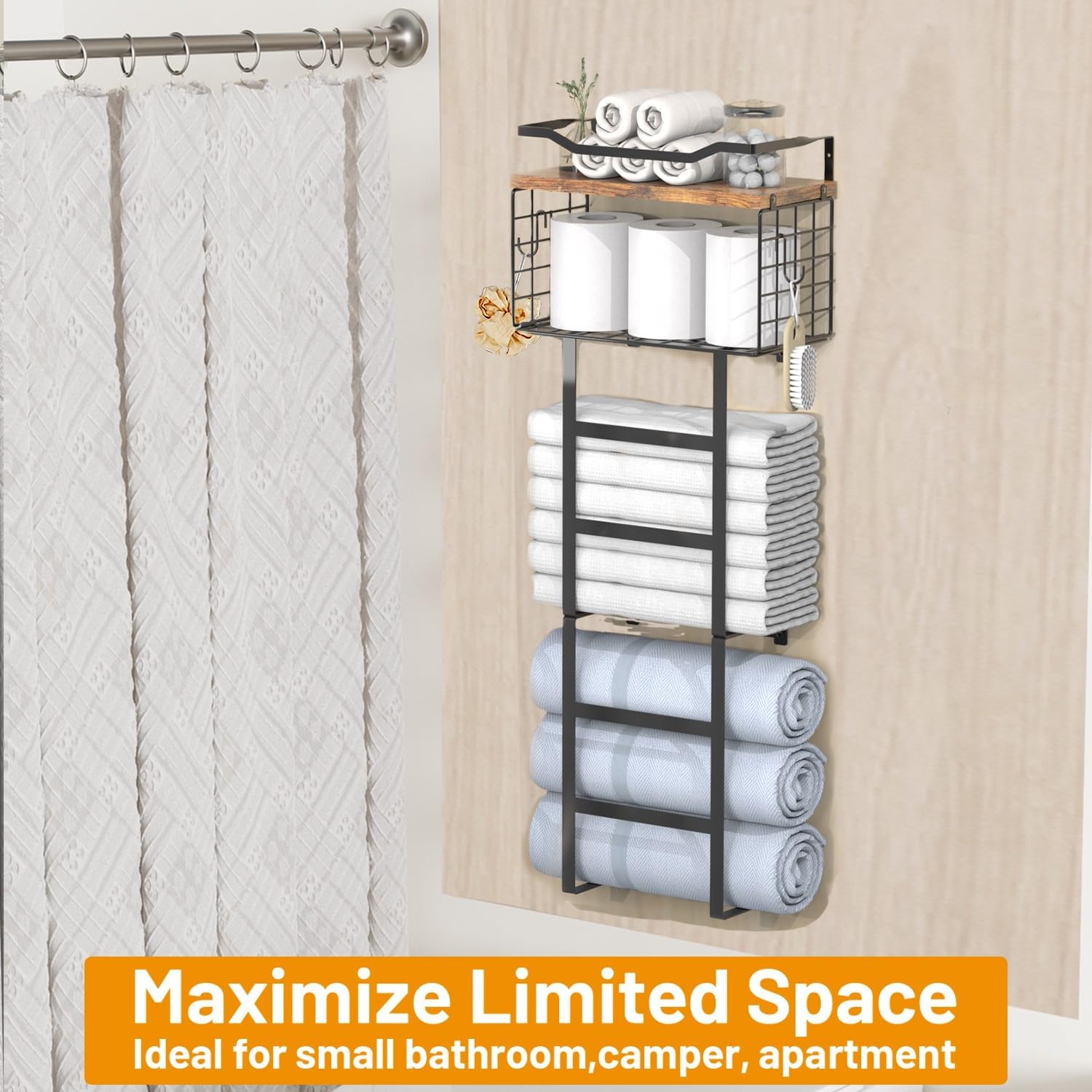 Towel Racks for Bathroom, 34IN Towel Rack Wall Mounted with 2 Pack Towel Shelf and a Wire Basket, Rolled Towel Holder Shelf Bathroom Storage and Organizer, Sturdy Metal & Wood, Black