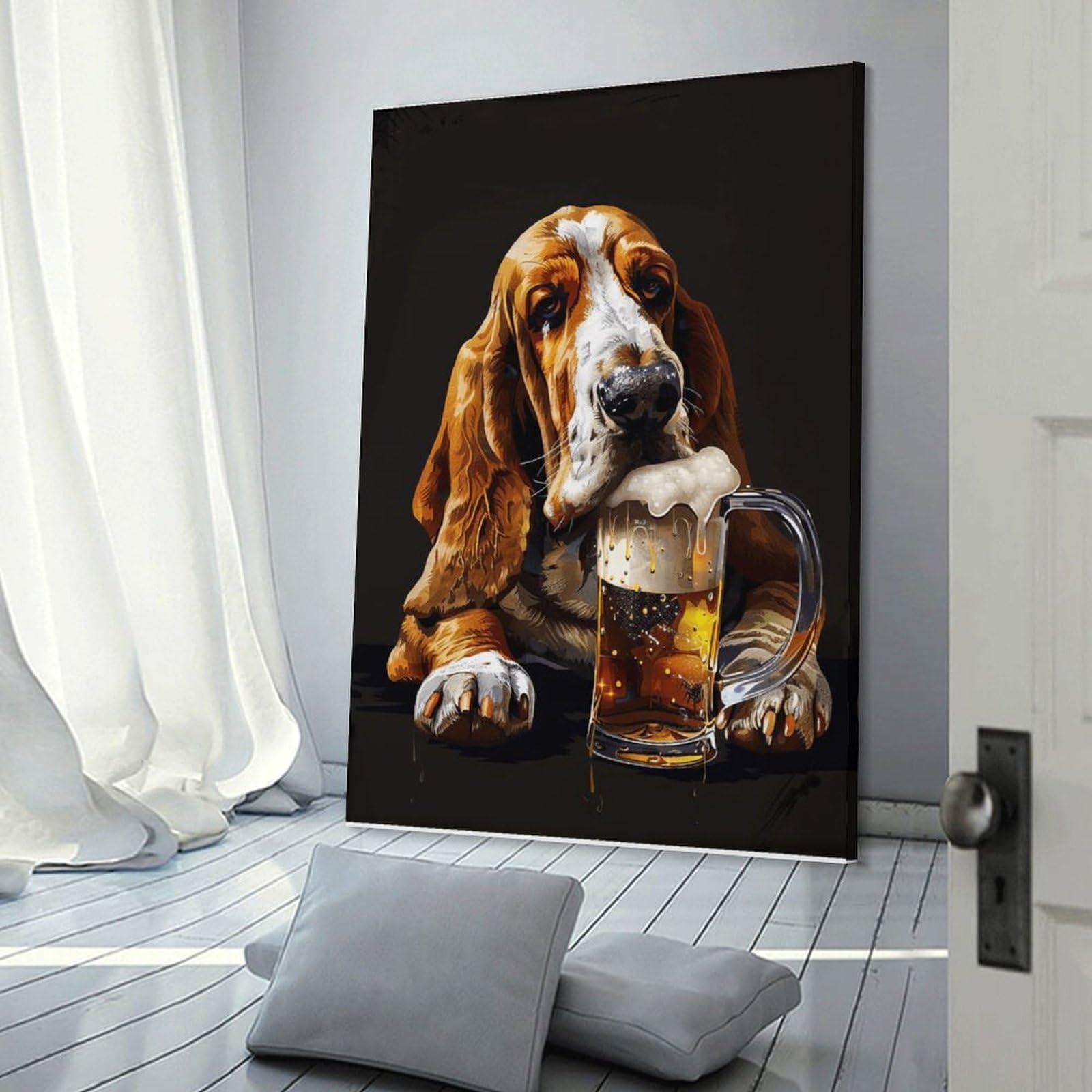 Junmoney Wall Picture Print Dog Drinking Beer Mug, 24x36inch(60x90cm), for Wall Displays, Bedrooms Or Room Updates, Wall Decor Suited to Curated Displays