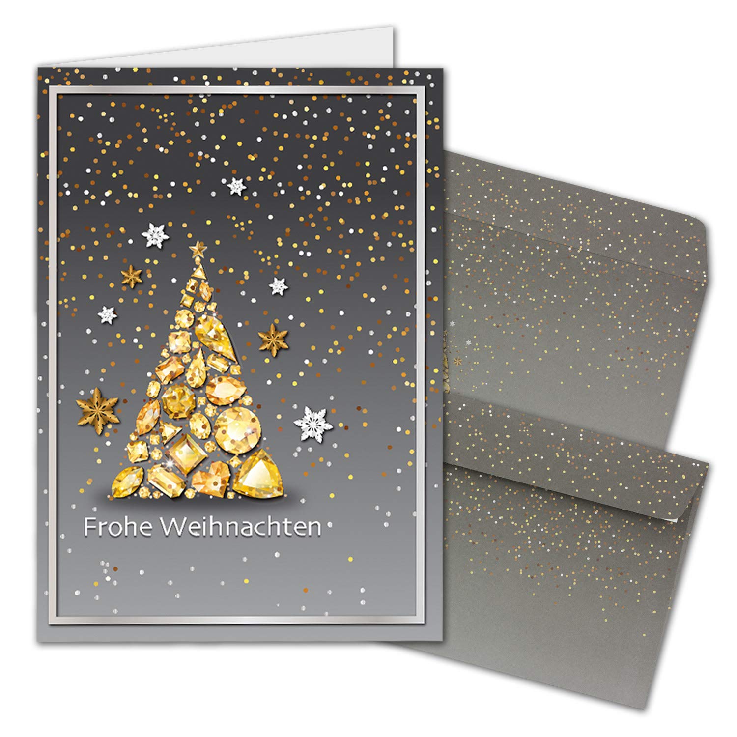 Juego de 75 tarjetas navideñas DIN A6 en gris con motivo de árbol de Navidad con piedras preciosas - Tarjetas plegables con sobres a juego DIN C6 en gris