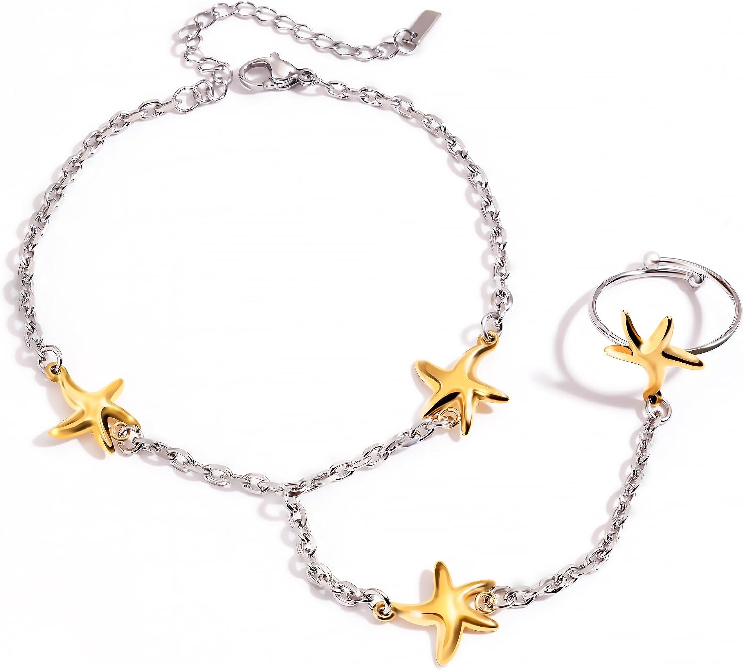 18K Gold Plated Hand Chain Bracelet for Women, Dainty Adjustable Finger Ring Bracelets Stainless Steel Non-Tarnish Trendy Summer Stackable Jewelry