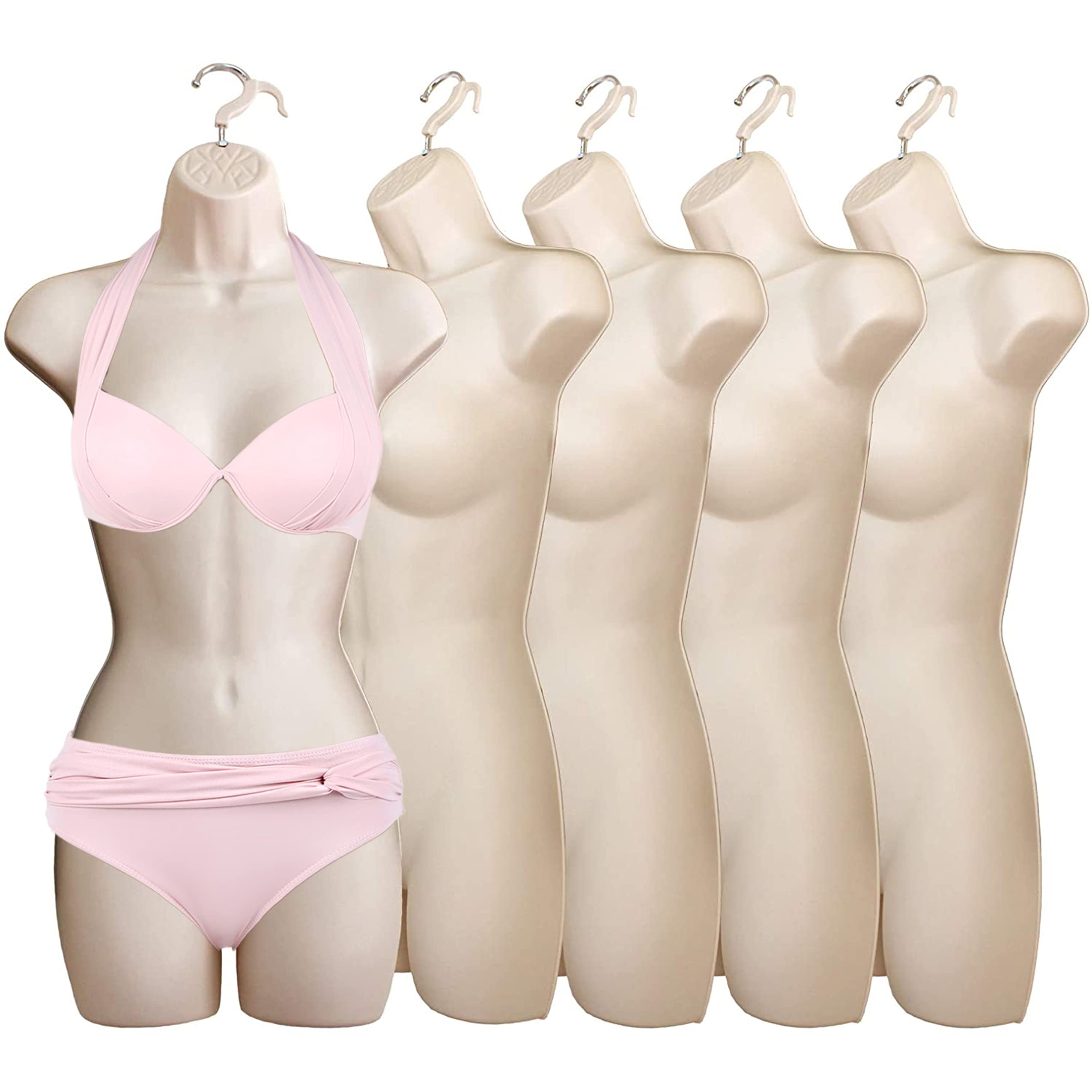 DisplayTownFlesh Female Mannequin Hip Long Hollow Back Body Torso Dress Form & Hanging Hook, S-M Sizes (5 Pack, Flesh)