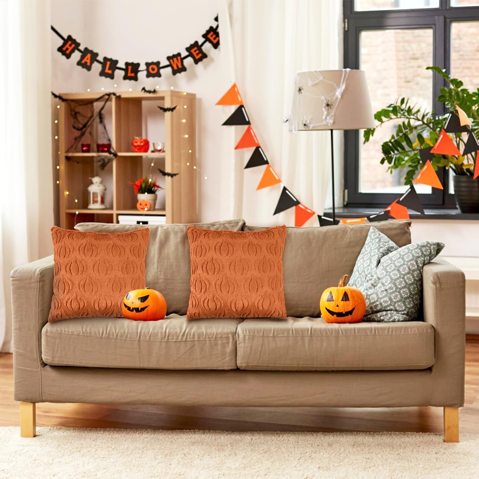 OCEUMACO Housse De Coussin 45x45 Automne Halloween Décoratif Housses Coussins Pour Canapé Lit Chaise Salon Lot De 4 Décoration Moderne Citrouille Pumpkin Taie D'oreiller En Lin - Orange Noir