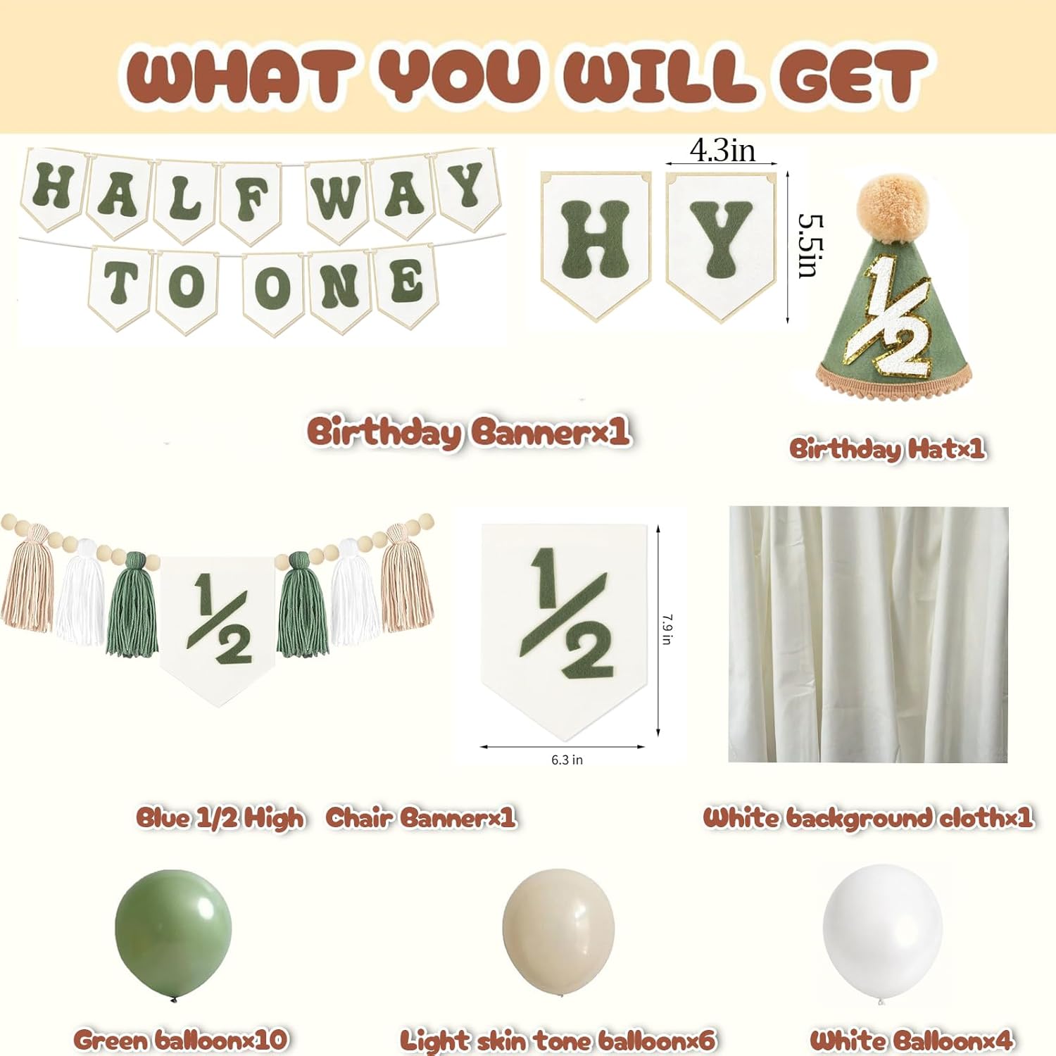 1/2 Birthday Boy and Girl Decorations - 1/2 Birthday Hat, Half Way to One Banner、 Hat, Green Gold White Balloons, Tassel Wood Bead High Chair Banner, 6 Months Party Supplies for Boys and Girls