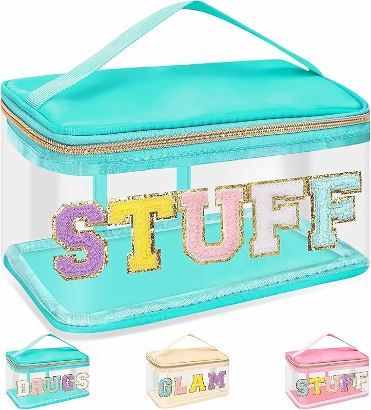 Necessaire transparente izuzta com letras de chenille, zíper e alça, STUFF-Green