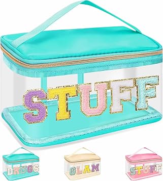 Chenille Letter Clear Makeup Bags Stuff Pouch, Preppy Patch Makeup Bag Zipper with Handle, Transparent PVC & Nylon Waterproof Glitter Cosmetic Handbag Travel Toiletry Storage for Women STUFF-Green
