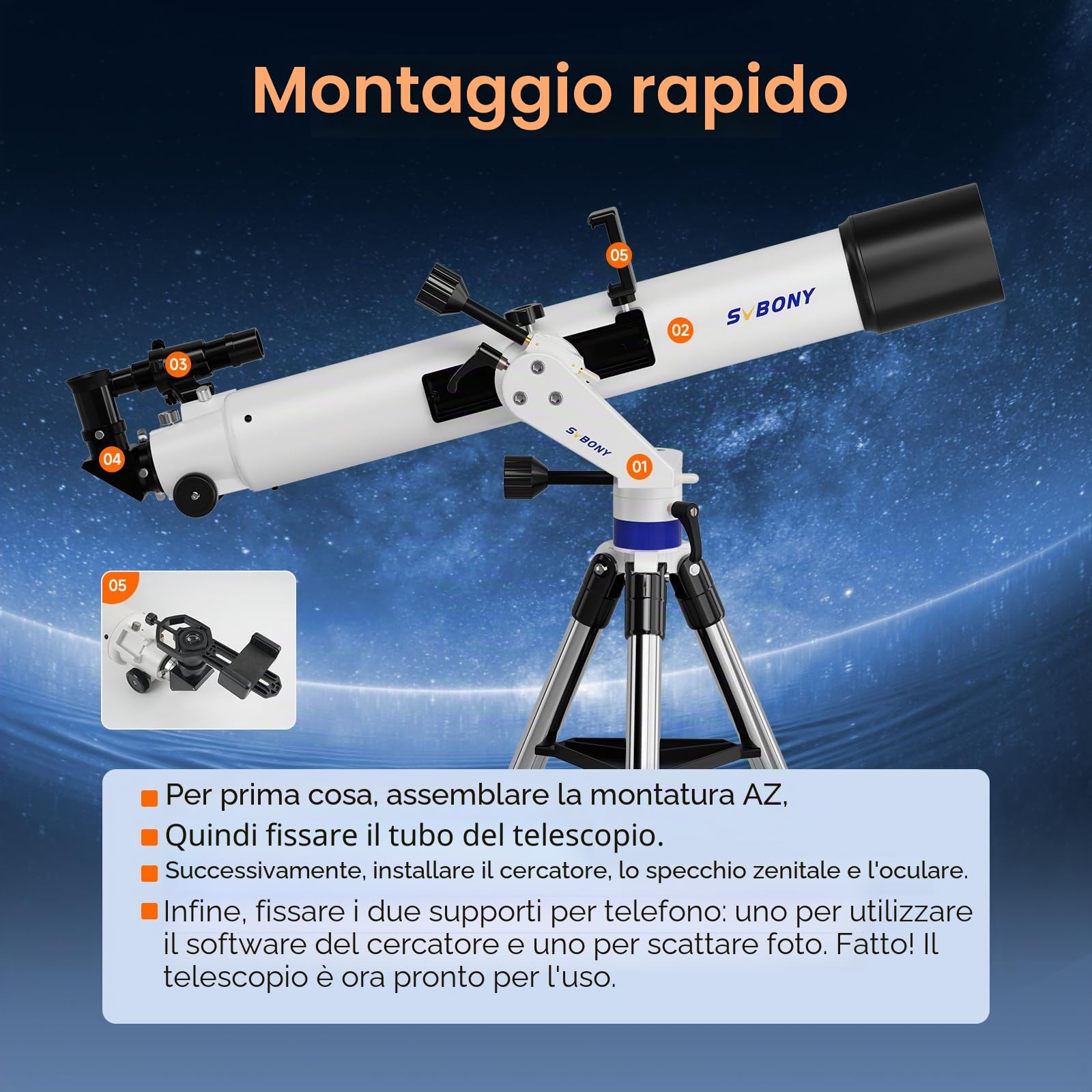 Svbony SV520 Telescopio Astronomico Professionale, Apertura 90mm, Lunghezza Focale 800 mm, Telescopio con Montatura Altazimutale, Controller Wireless, Tutto in Metallo Telescopiokit per Osservazione