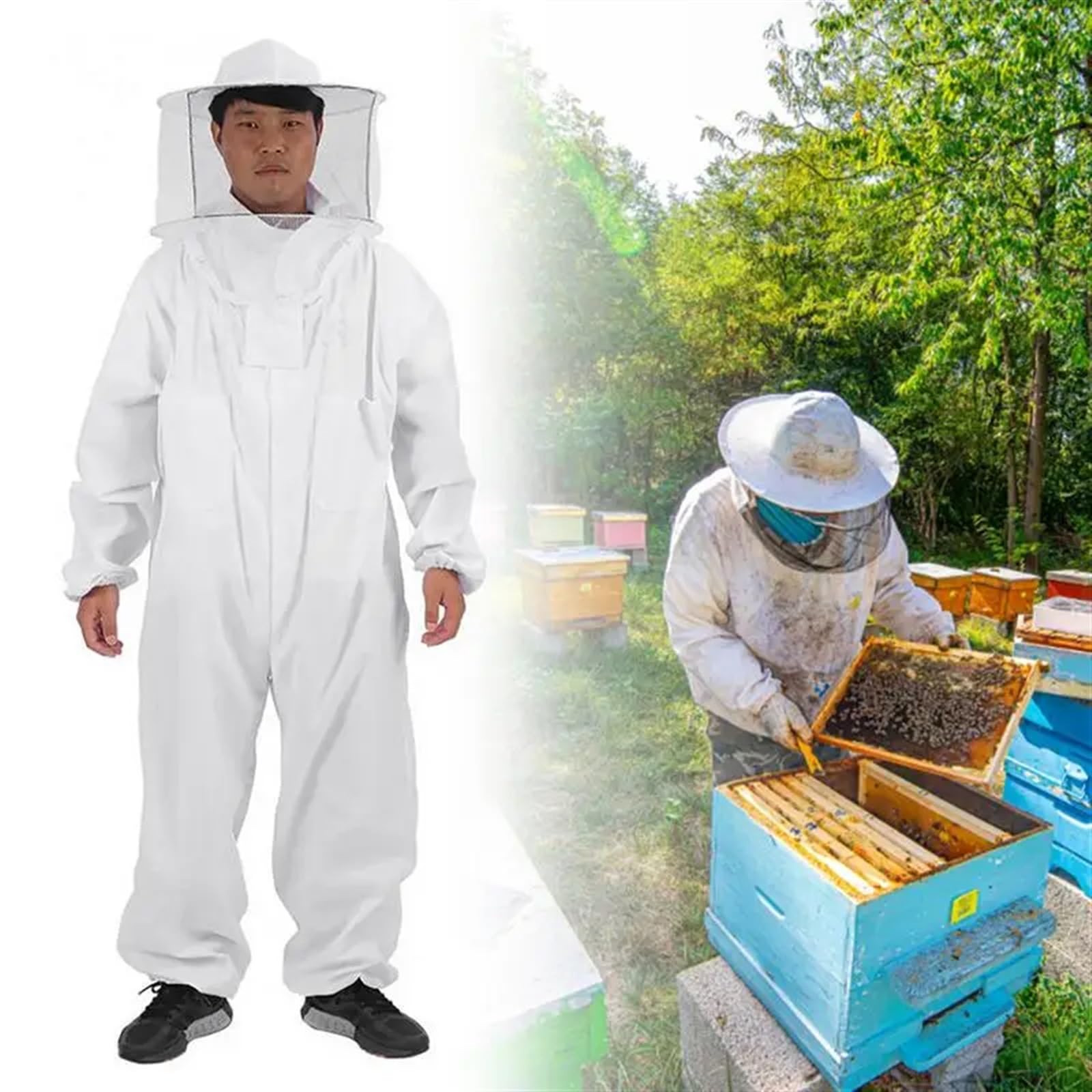 Mono De Apicultor Para Apicultores Traje de apicultura de cuerpo completo, ropa profesional for apicultores con velo redondo, traje protector de algodón a prueba de abejas for hombres y mujeres(XL)