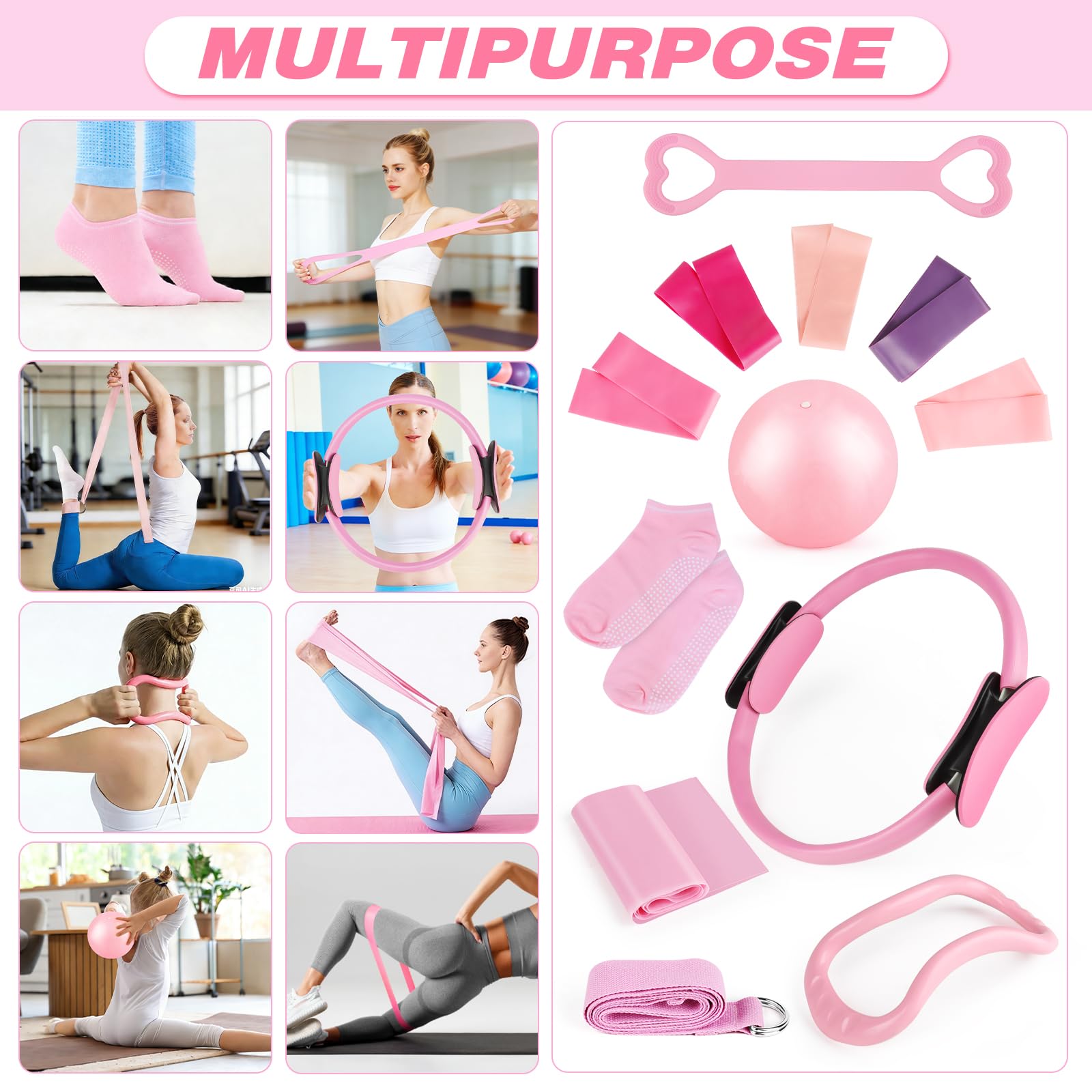 MXTIMWAN Kit Pilates Maison 13 Pièces Pilates Kit Pilates Accessoires Cercle Pilates, Ensemble Pilates Yoga avec Ballon de Yoga, Bandes de Résistance, Anneau de Pilates, Balle, Sangle, Sac Portable