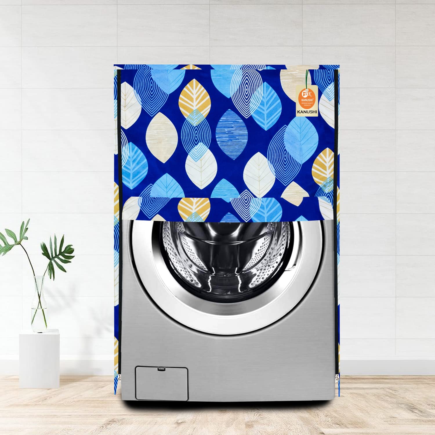KANUSHI Industries® Washable & Dustproof Front Load Automatic Washing Machine Cover (Suitable for 6 Kg, 6.5 kg, 7 kg, 7.5 kg) (VAR-WASMAC-LONG-LEAVES-BLUE-FRONT-01)