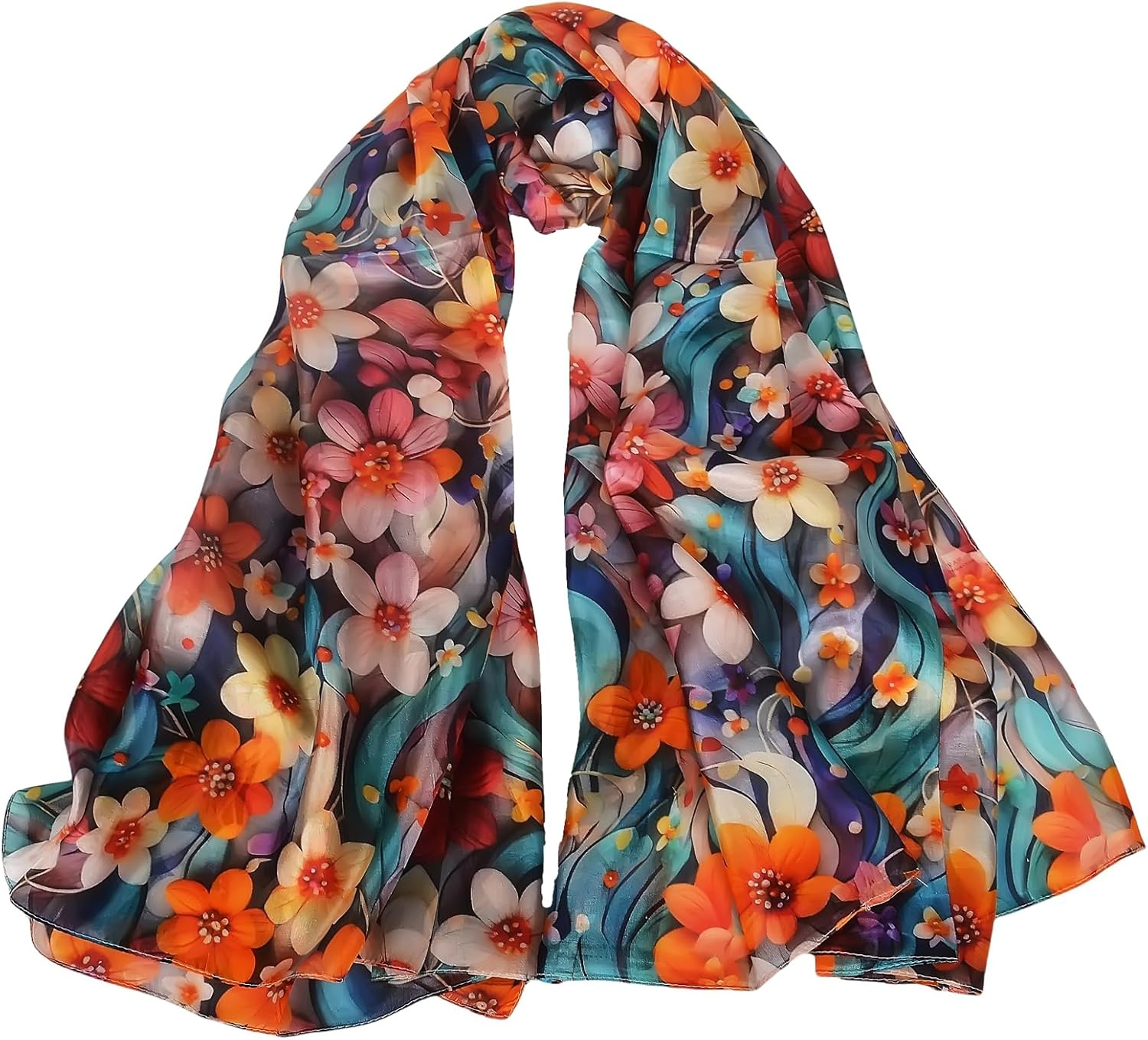Sichdew Women's 100% Mulberry Silk Scarf Lightweight Long Floral Print Neck Scarf, Beach Wrap & Travel Photography Shawl Gift