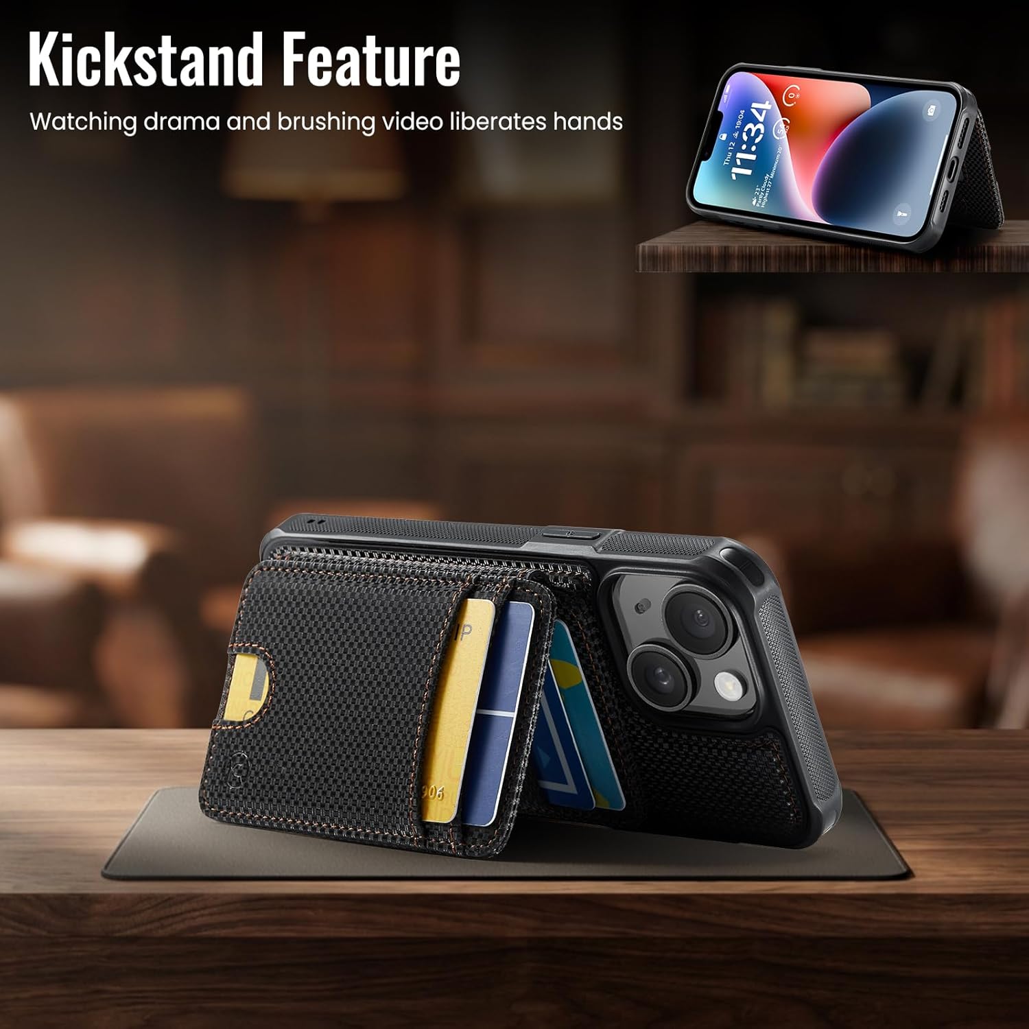 for Wallet Case for iPhone 14, Compatible with MagSafe and RFID Blocking 2-in-1, Removable PU Leather Stand Shockproof Case, Bi-fold Wallet Flip Case for iPhone 14 6.1" - Fiber Black