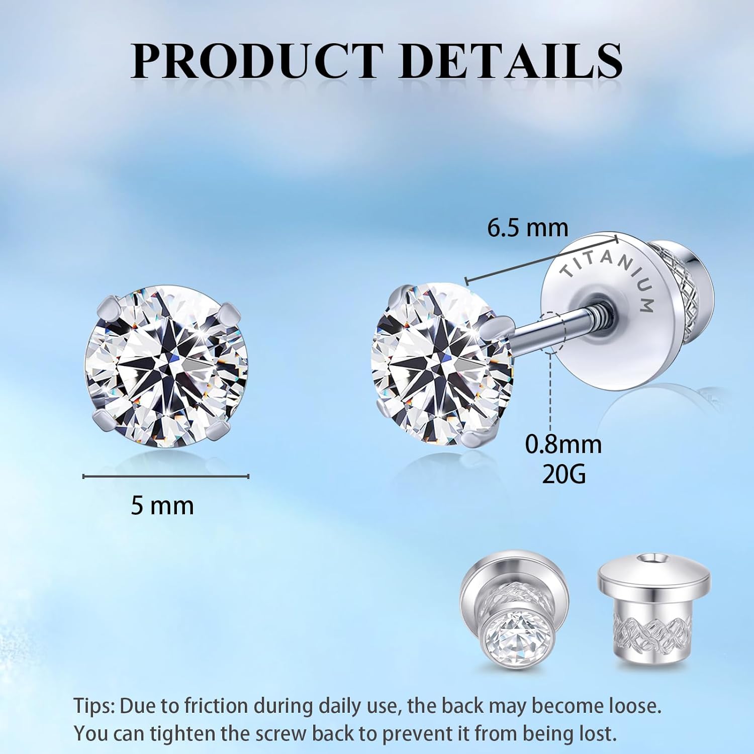 Limerencia Hypoallergenic G23 Implant Grade Titanium Screw Back Earrings Tragus 20G Helix F136 Piercing Post for Sensitive Ears Simulated Diamond Cartilage - Image 3