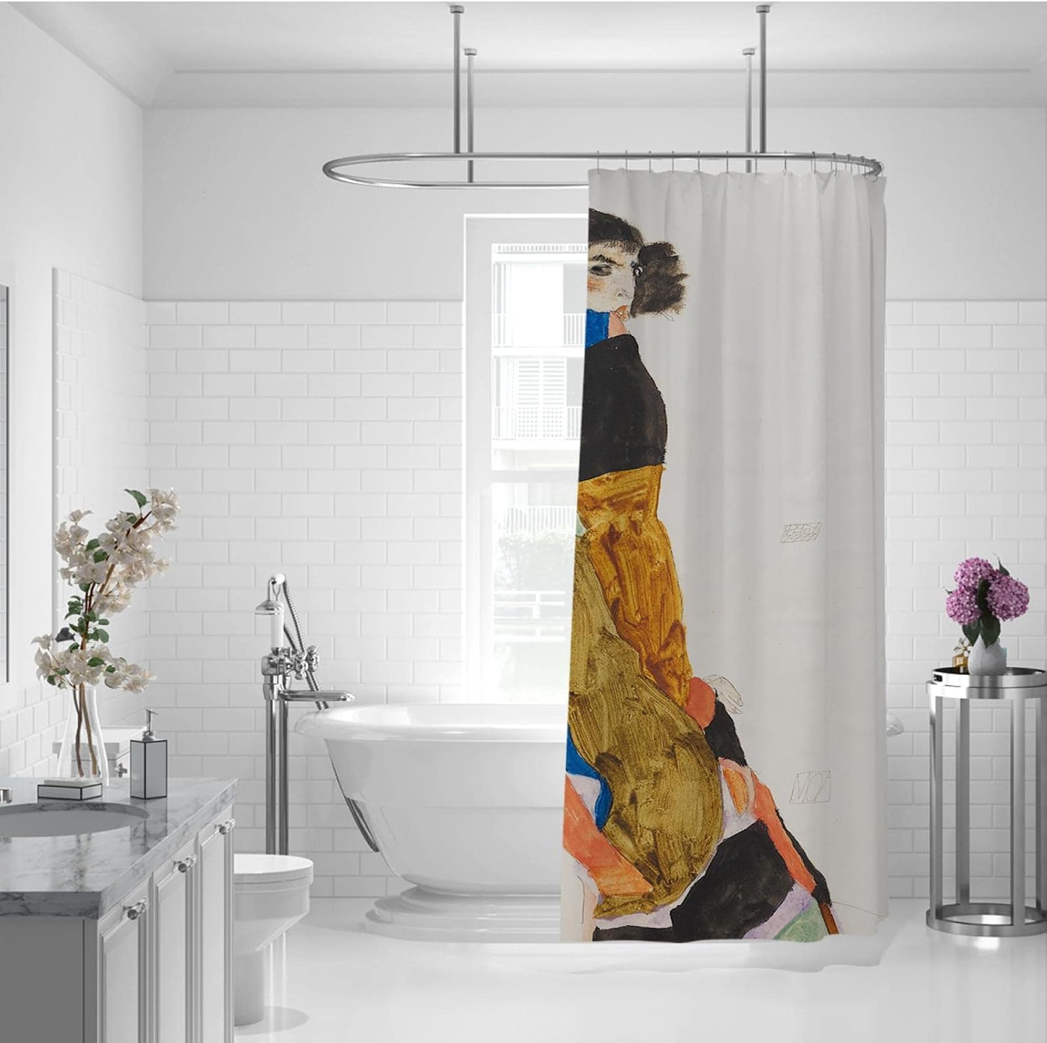 Woman Portrait Shower Curtain Liner Expressionism Egon Schiele Shower Curtain Set with Hooks Extra Long Shower Curtains Waterproof W78 x L78(in)