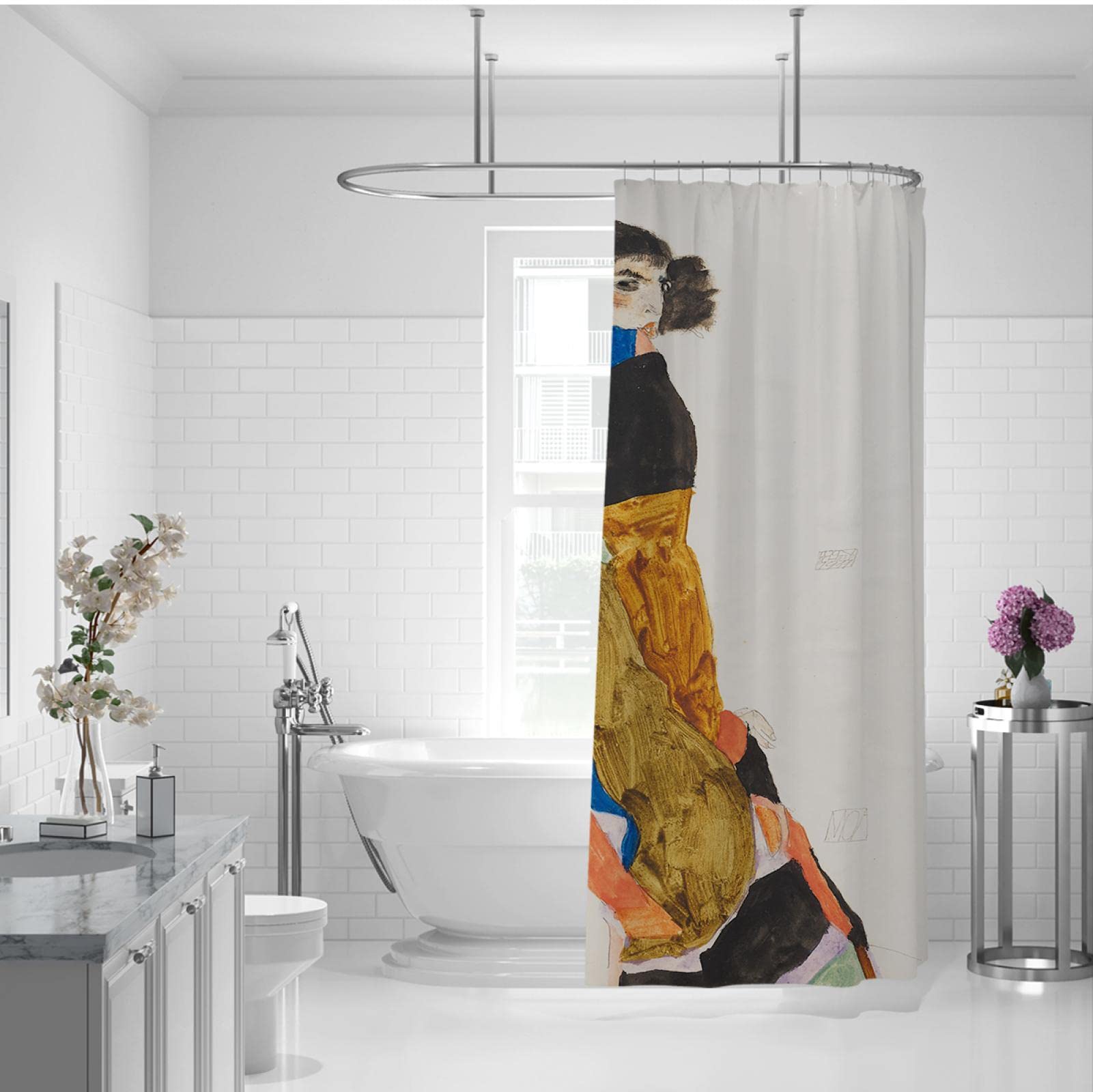Abstrakte Frau Badezimmer Duschvorhang Sets Egon Schiele Badevorhänge Niedrige Transparenz Weicher Expressionismus Duschraumvorhänge W180xL180cm
