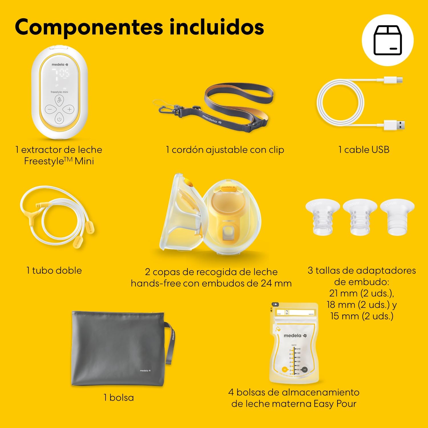 Medela Freestyle Mini Hands-Free eléctrico doble con copas de recogida Hands-Free y batería recargable de Medela.