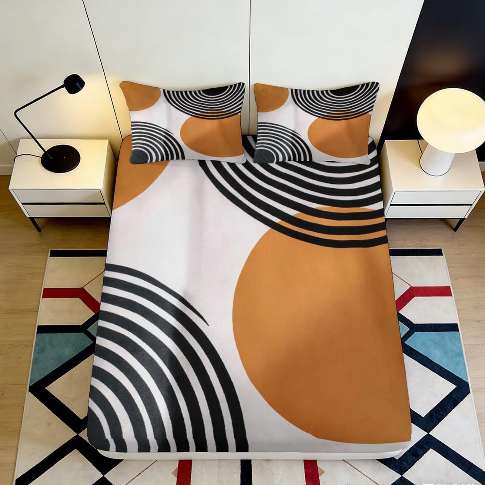 3D Printed Retro Geometric Fitted Sheet Microfiber Soft Breathable Abstract Circle Mattress Cover for Bedroom Decor 90x200x25cm