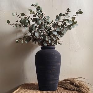 Large Ceramic Rustic Vase - 11 Inch Black Vintage Decorative for Home Decoration, Living Room, Shelf Decoration, Enterway and Table Decoration