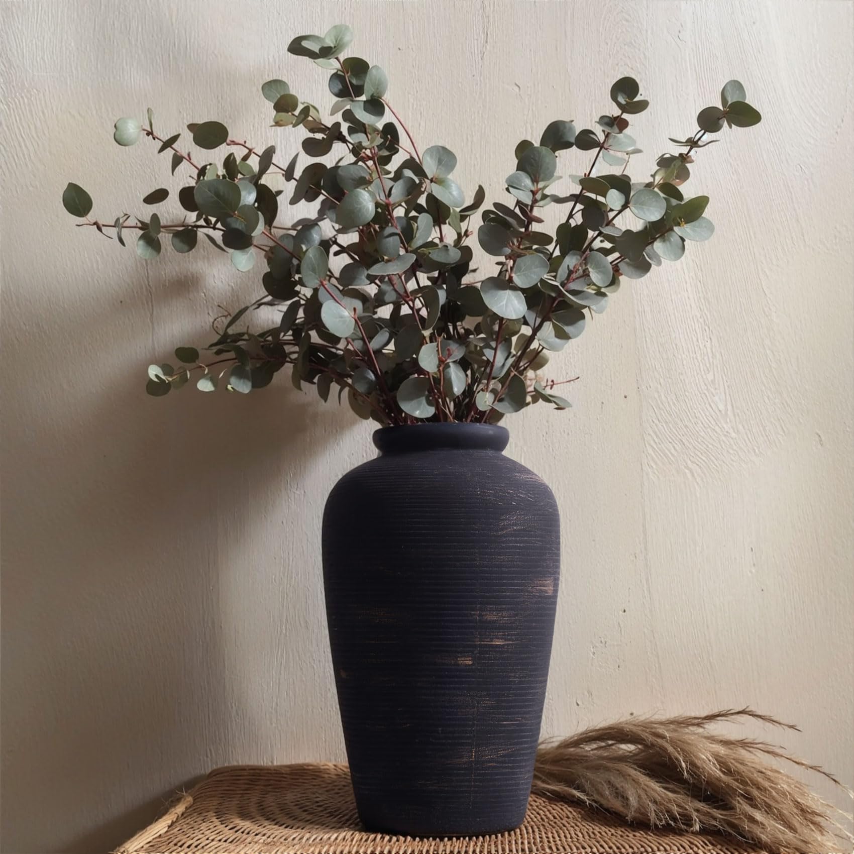Gran jarrón rústico de cerámica, jarrón decorativo vintage negro, 28 cm, jarrón alto negro para decoración del hogar, salón, estante, entrada, decoración de mesa (negro)