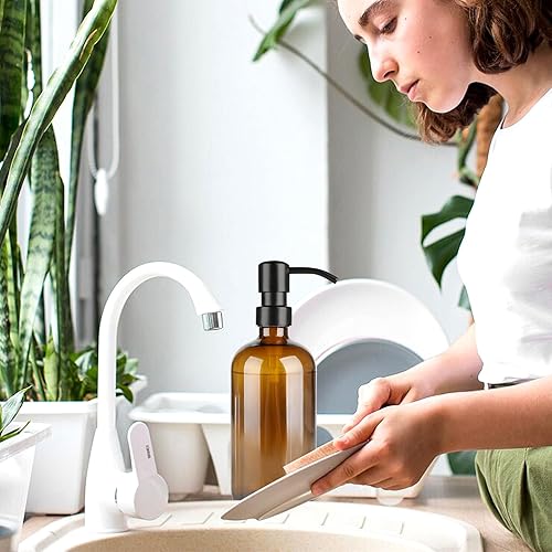 Miniatura 6 de Dispensador de jabón de vidrio ámbar de 16 onzas, 1 paquete de dispensador de jabón de manos recargable con bomba de acero inoxidable a prueba de