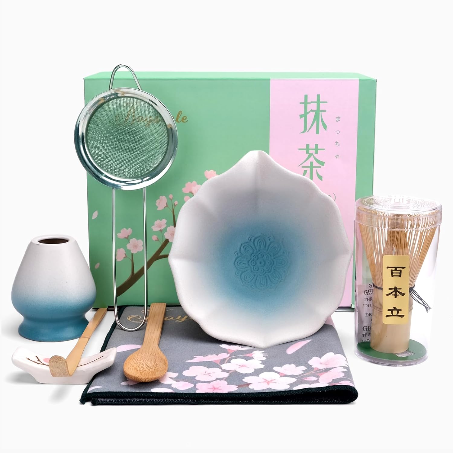 Joyscale Juego de batidor Matcha azul degradado, cuenco de matcha con boquilla, juego de 8 piezas para hacer desayunocafé, regalo para todas las