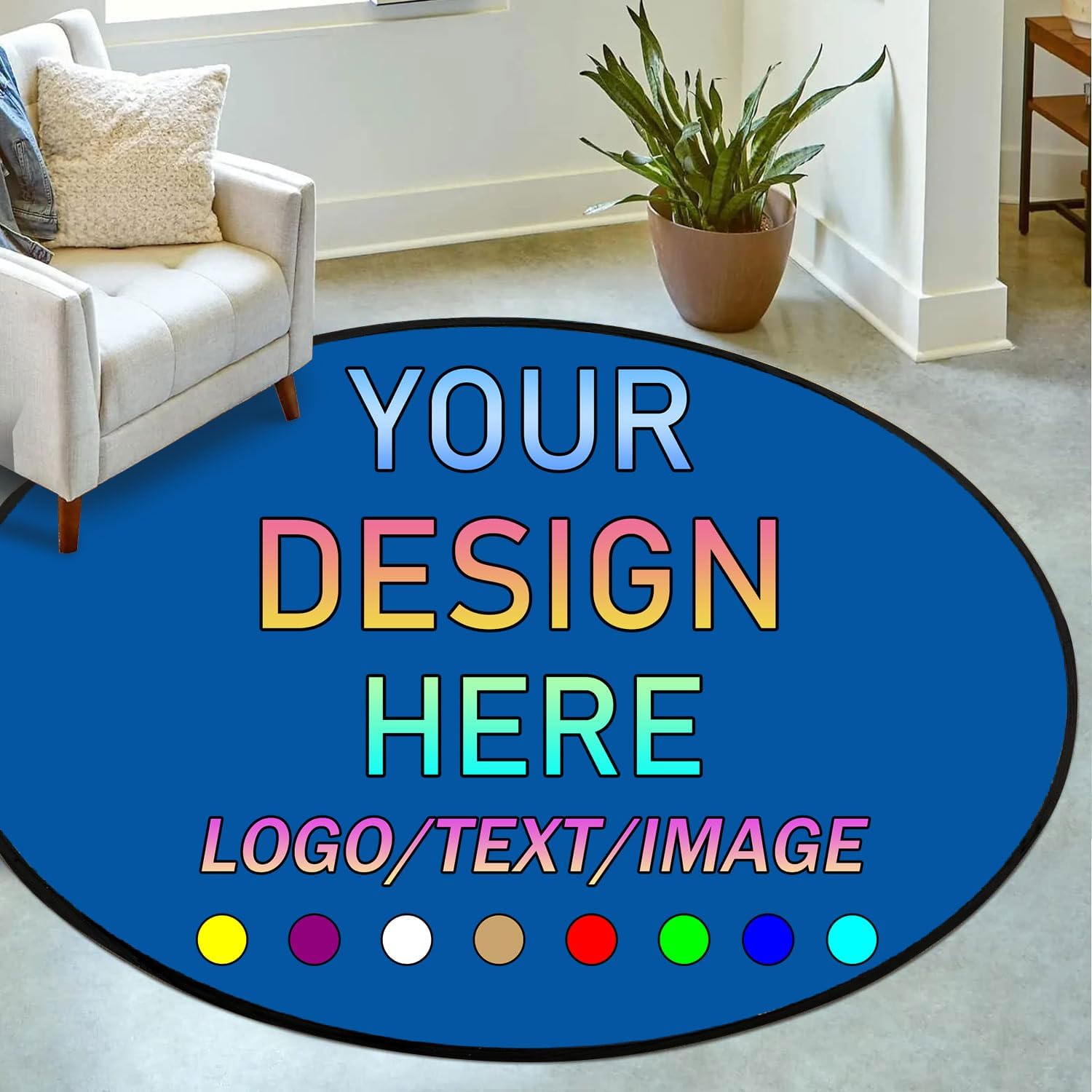 Custom Round Rug Personalized Area Carpet with Your Own Design Logo Text Photo Anti Slip Customized Door Mat for Bedroom Living Room Office Garden Balcony Decor, 36 in, Cerulean