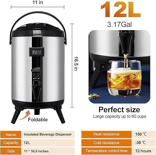 Miniatura 2 de Dispensador de bebidas aislado  Dispensador térmico de acero inoxidable de 12 litros3.17 galones, dispensador de bebidas calientes y frías, con