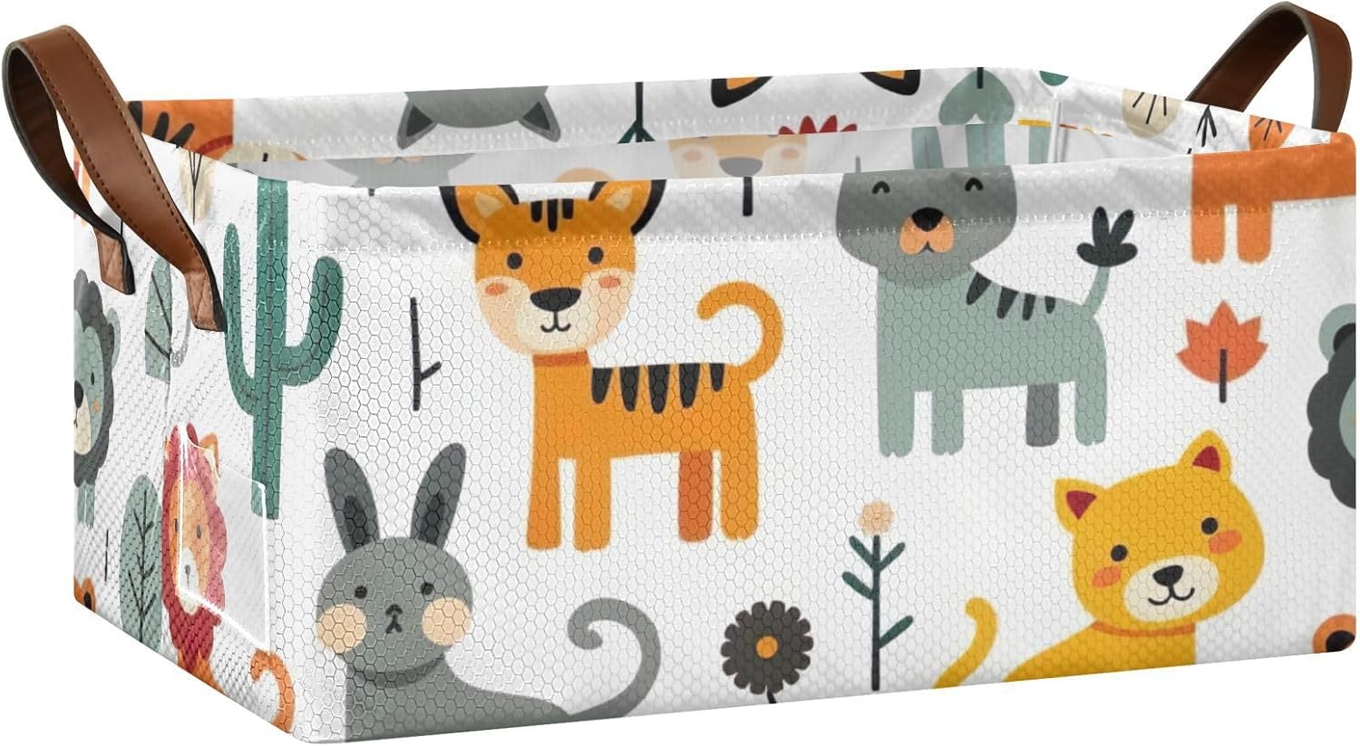 Storage Basket Jungle Animal Playtime White Rectangular Laundry Hamper Foldable Nursery Laundry Basket for Organizing, 16.9 x 11.4 x 7.7 Inches