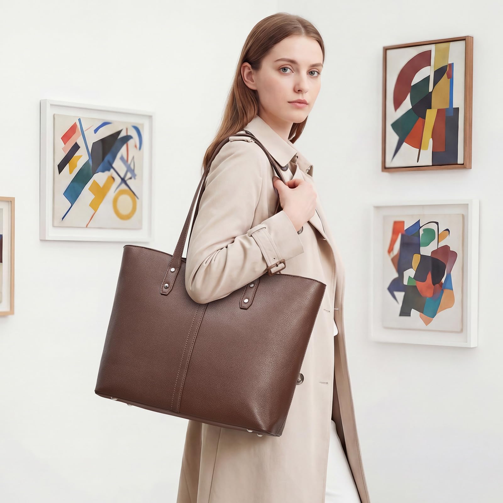 S-ZONE Grand sac fourre-tout en cuir végétalien pour femme, sac à main, voyage, déplacement, bureau, enseignante
