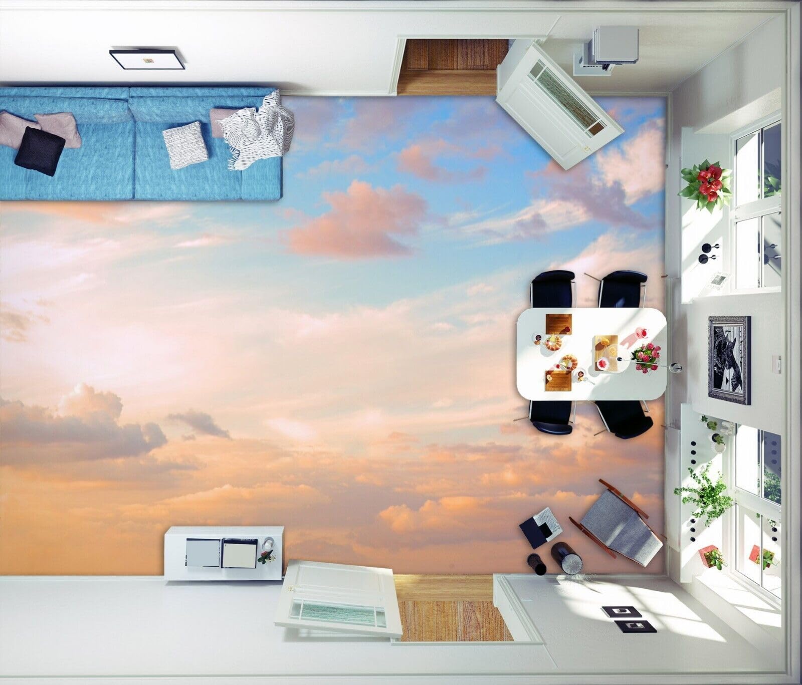 Cartel De Decoración De Piso Murales de papel pintado para suelo de nubes de cielo 3D, 250 * 175 cm 3D Murales Pegatinas Cuarto de baño Vinilo autoadhesivo Papel tapiz