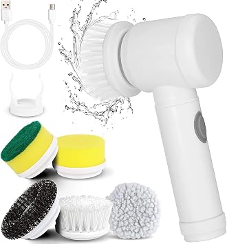 Electric Spin Scrubber, Cordless Electric Cleaning Brush Waterproof Power Scrubber with 5 Replaceable Brush Heads, Handheld Shower Scrub Brush for Cleaning Kitchen Dish Sink Tub Floor Wall Tile Window