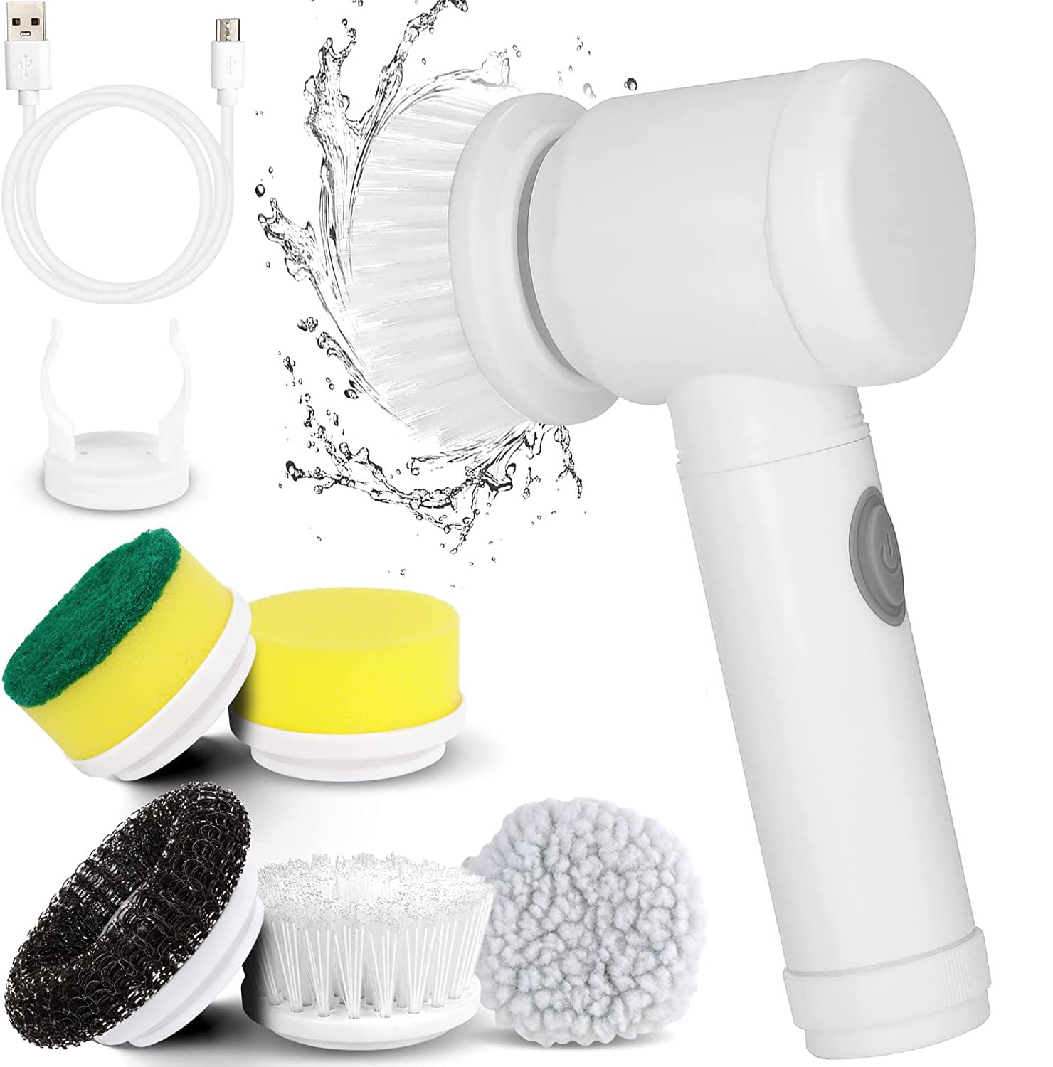 Xemz White Electric Spin Scrubber, Waterproof Electric Cleaning Brush With 5 Replaceable Brush Heads, Rechargeable Scrub Brush Bathroom Shower Scrubber Cleaning Tool For Bathtub Sink Tile Grout Stove Cooker Dish